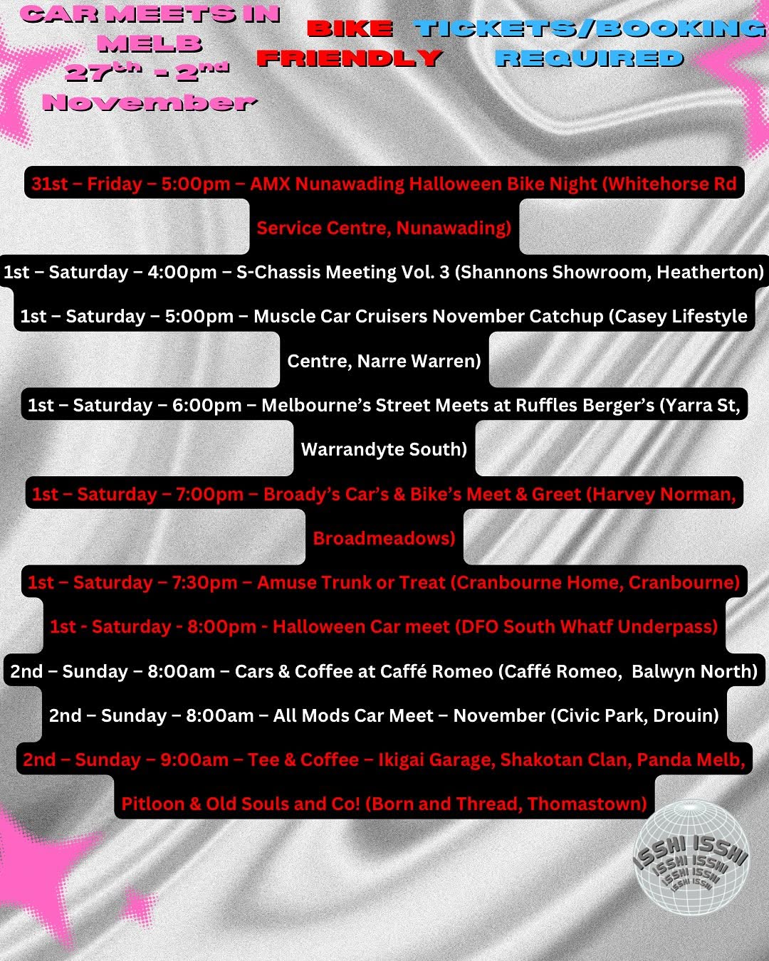 Car Meets in Melb: 27th - 2nd November — car meet in Melbourne, VIC on Monday 27 October 2025