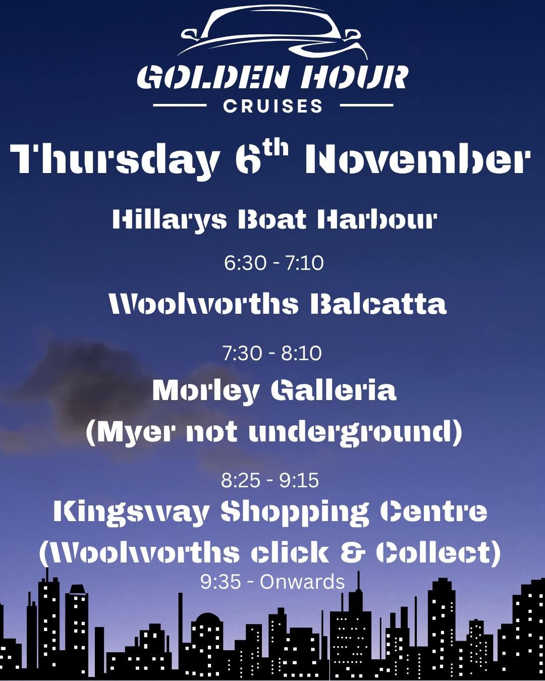 Thursday Night Cruise — car meet in Perth, WA on Thursday 6 November 2025