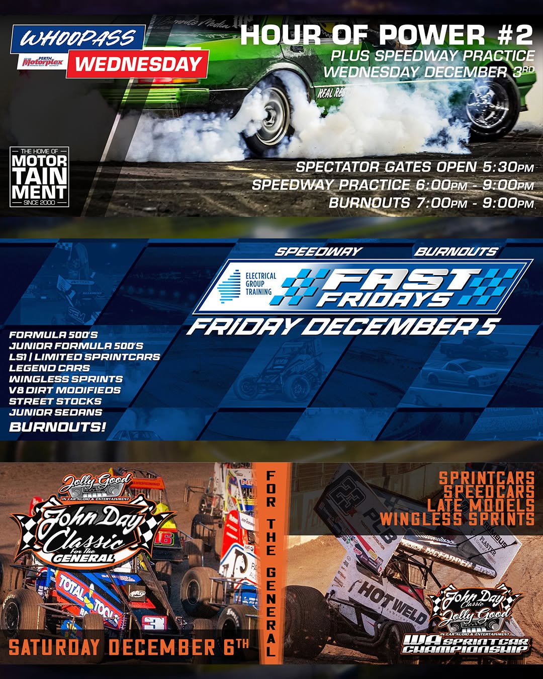 This week at the 'Plex: WhoopAss Wednesday, Fast Friday & John Day Classic — car meet in Perth, WA on Wednesday 3 December 2025