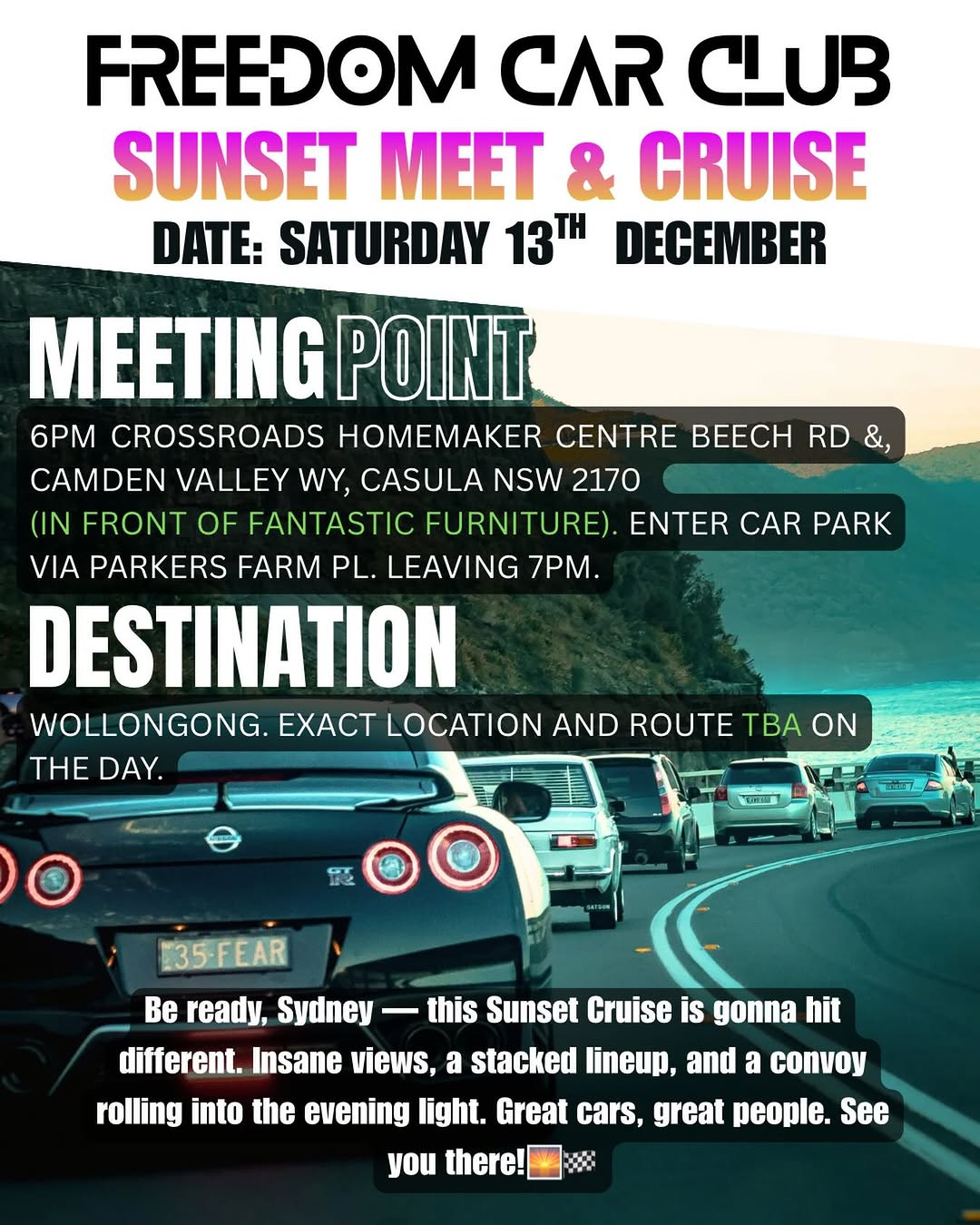 Sunset Meet & Cruise — car meet in Wollongong, NSW on Saturday 13 December 2025