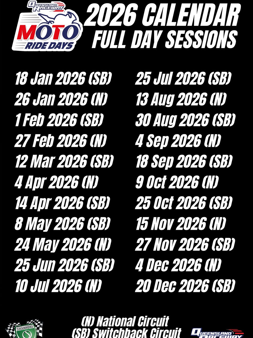 2026 Calendar Full Day Sessions — track day in Brisbane, QLD on Sunday 18 January 2026