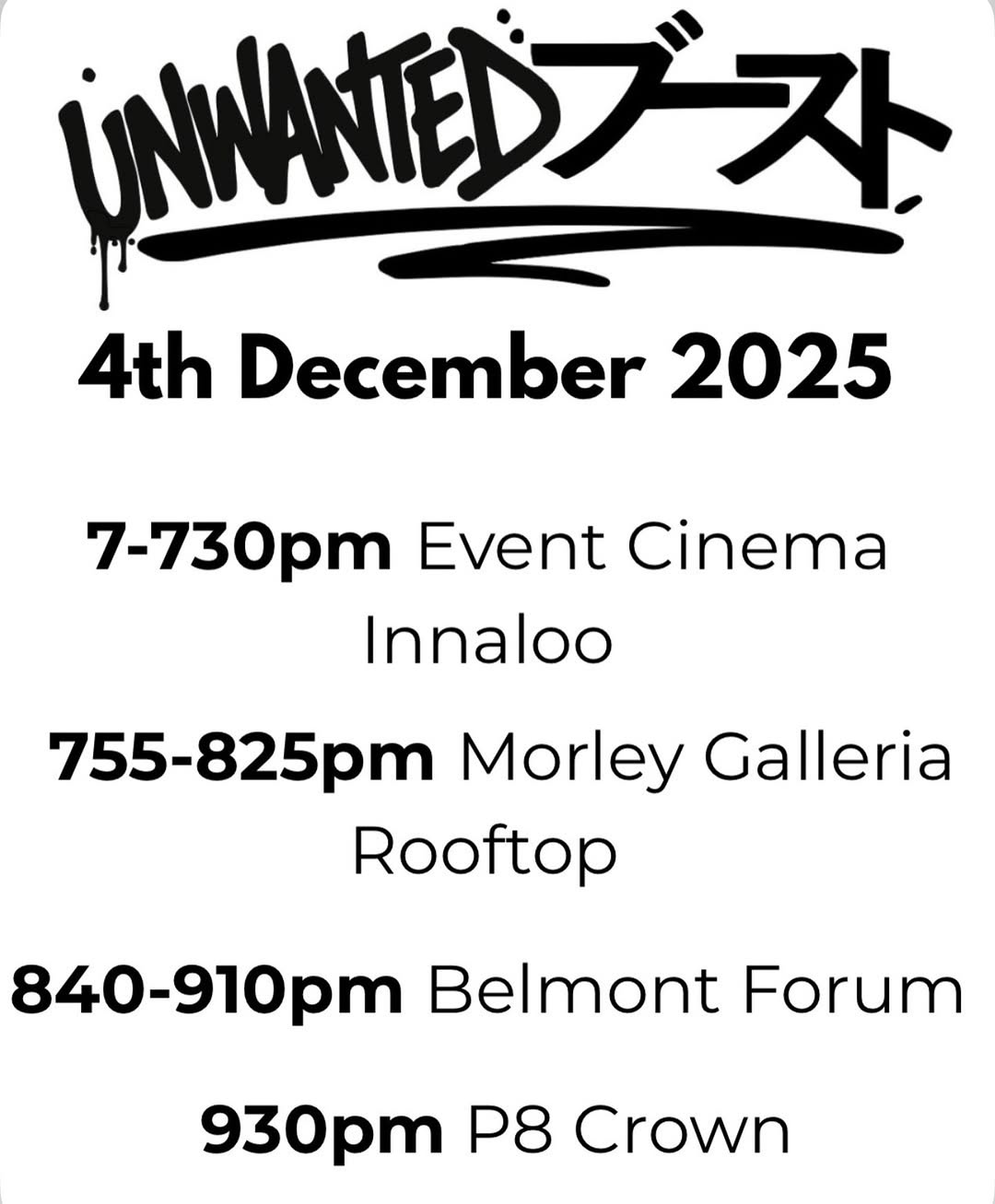 Unwanted Boost Cruise — car meet in Perth, WA on Thursday 4 December 2025
