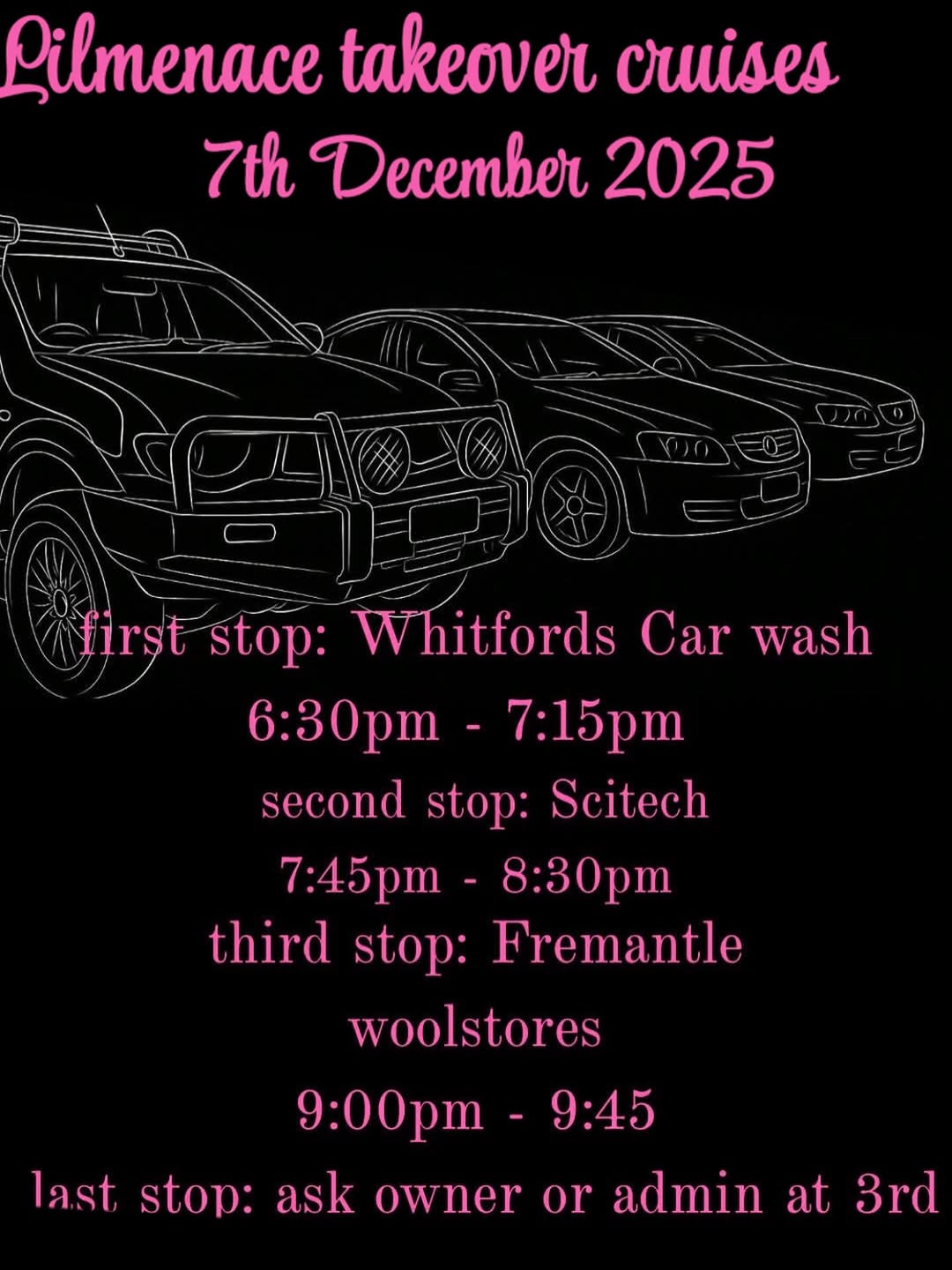 Lilmenace takeover cruises — car meet in Perth, WA on Sunday 7 December 2025
