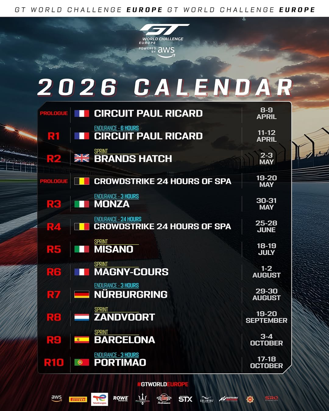 GT World Challenge Europe 2026 Calendar — Euro/Exotic spectator event in International on Wednesday 8 April 2026