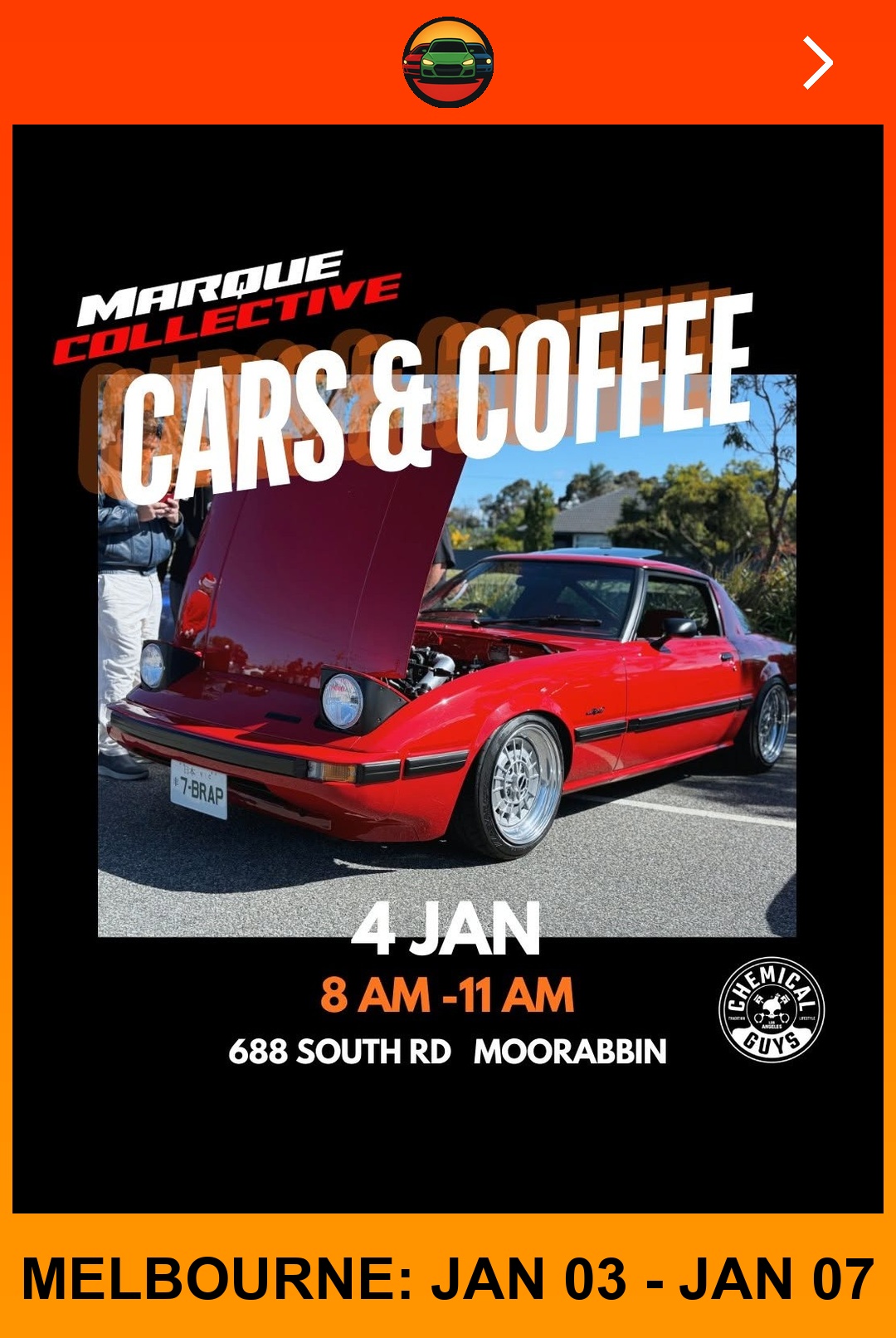 Cars & Coffee — car meet in Melbourne, VIC on Sunday 4 January 2026