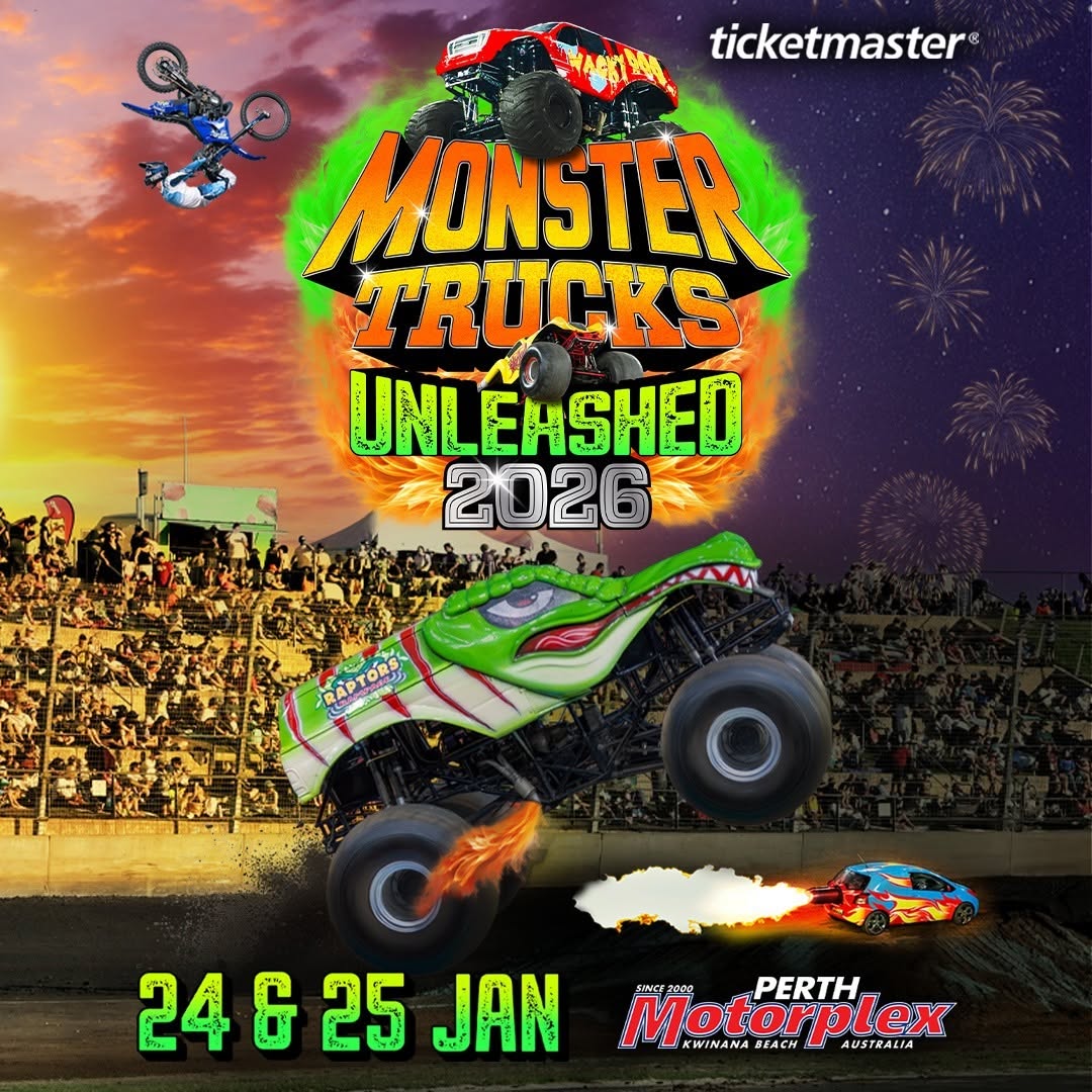 Monster Trucks Unleashed 2026 — 4x4 spectator event in Perth, WA on Saturday 24 January 2026