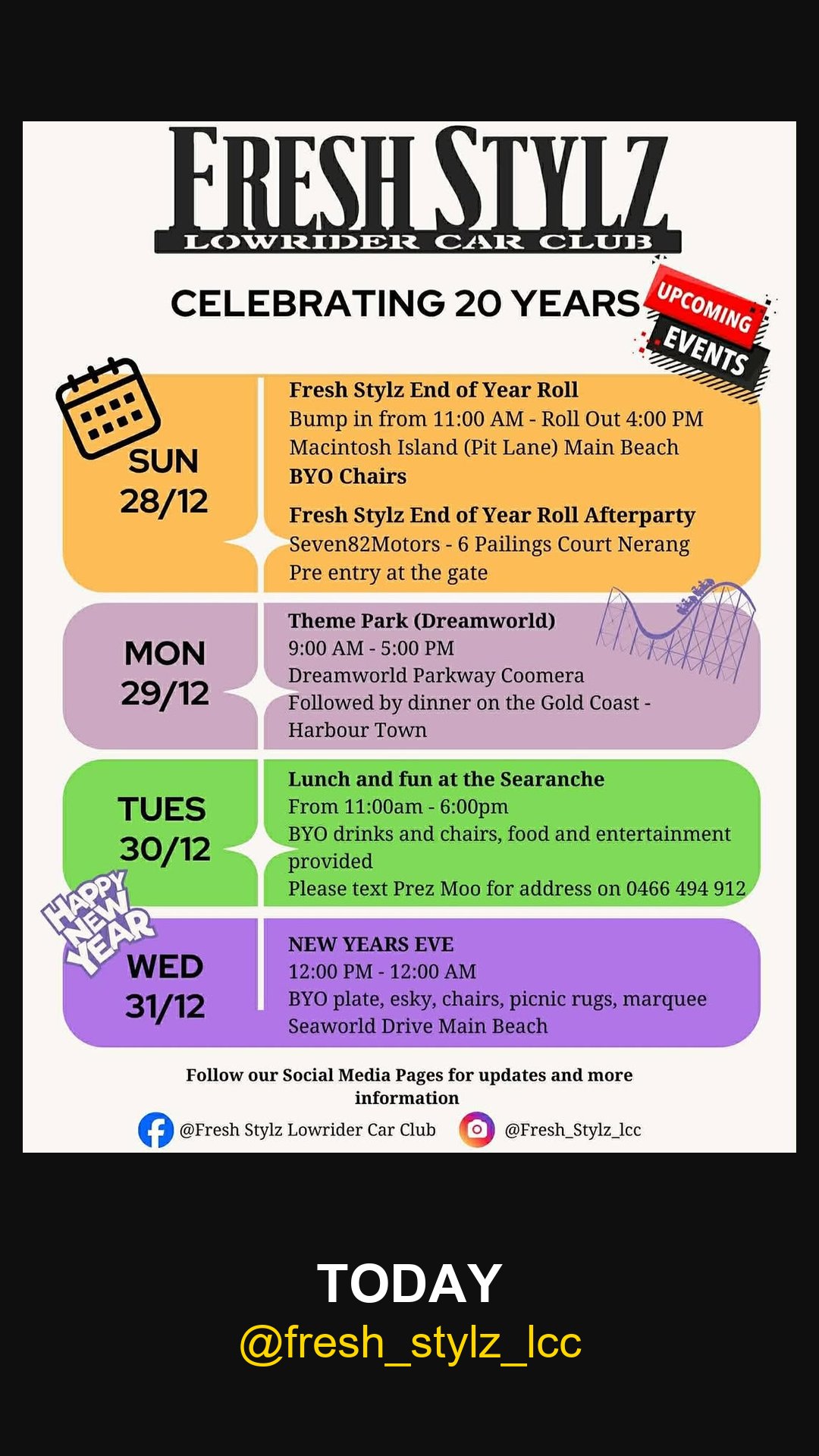 Fresh Stylz Celebrating 20 Years Itinerary — car meet in Gold Coast, QLD on Sunday 28 December 2025