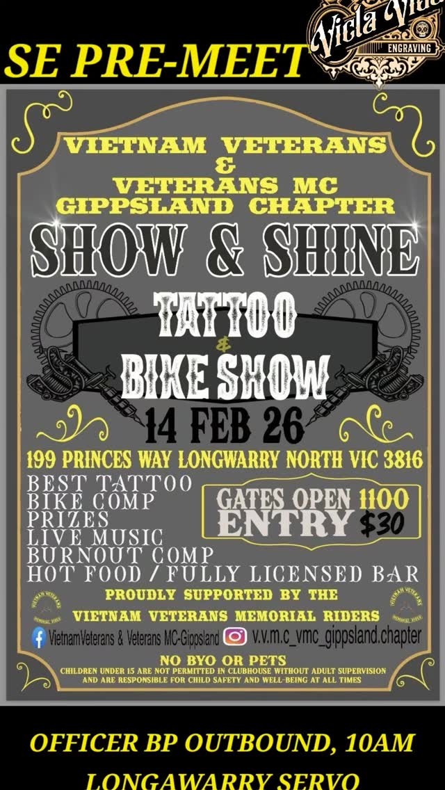 Show & Shine Tattoo & Bike Show — car meet in Melbourne, VIC on Saturday 14 February 2026