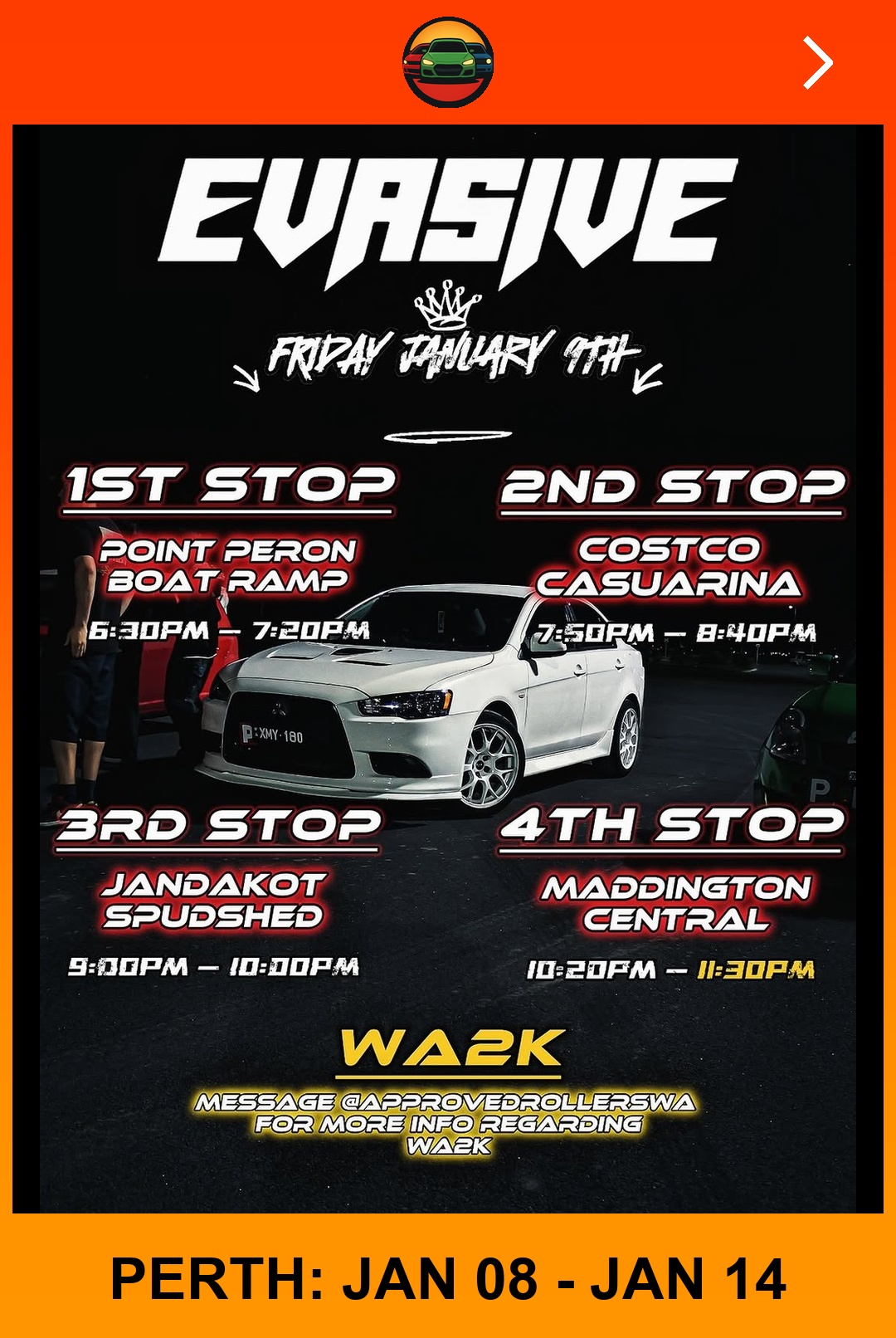 Evasive Cruise — car meet in Perth, WA on Friday 9 January 2026