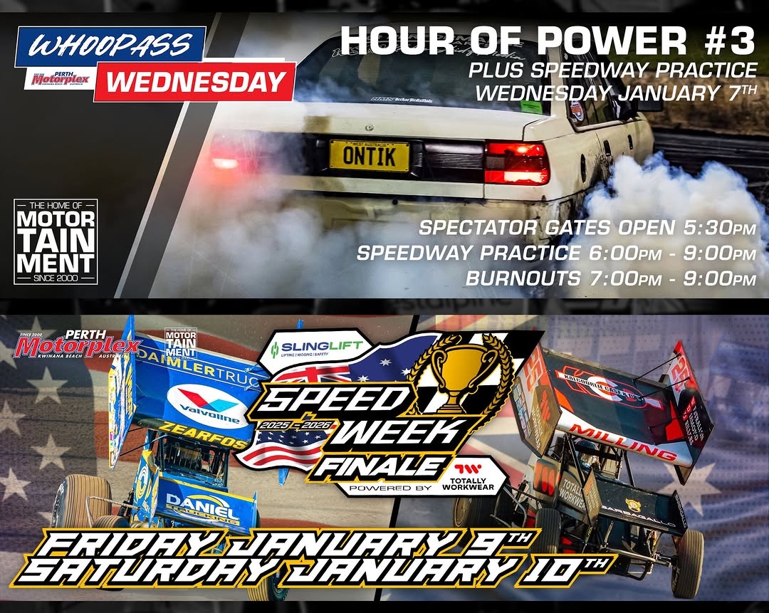 This week at the 'Plex: Hour of Power & Speedweek Finale — spectator event in Perth, WA on Wednesday 7 January 2026