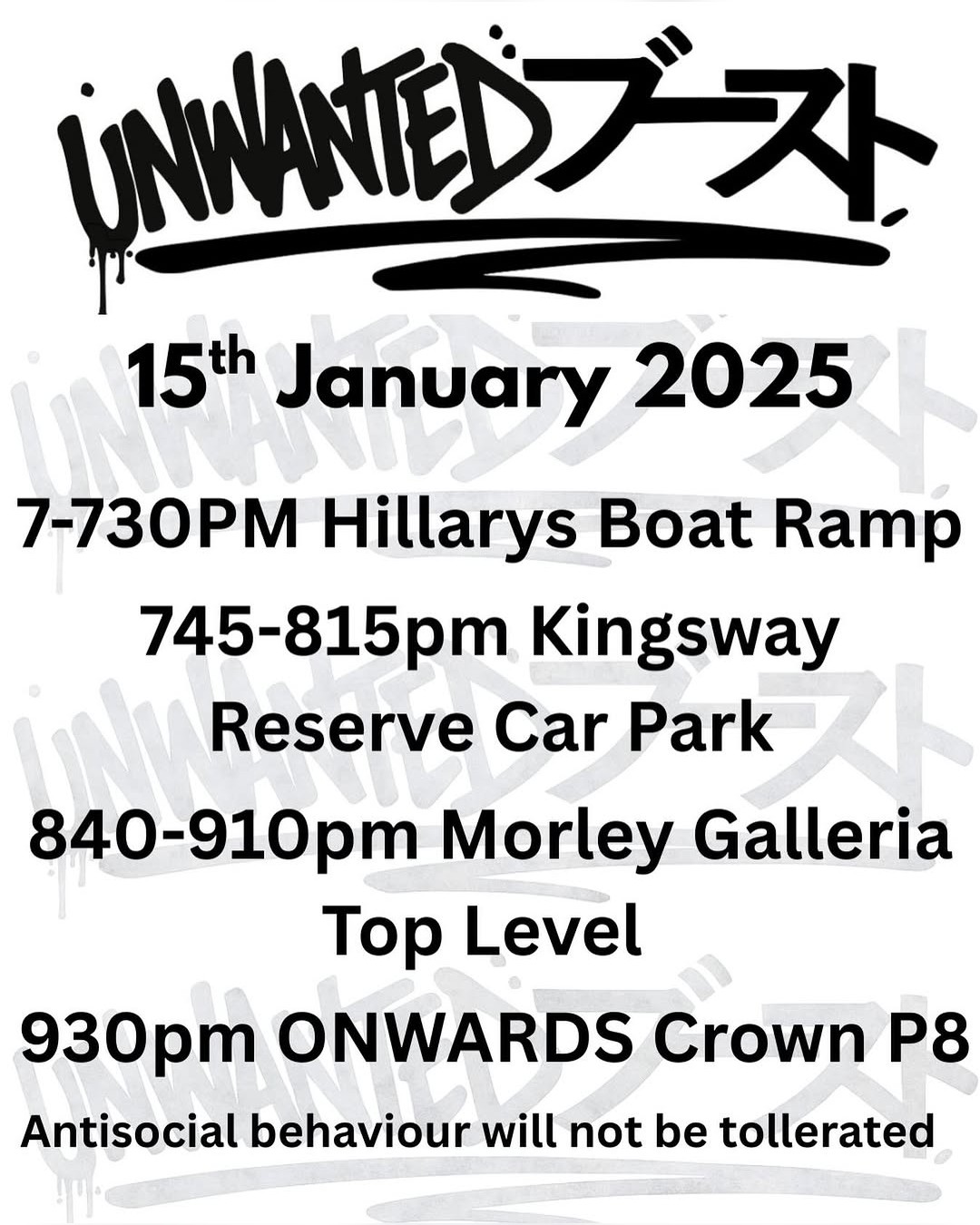 Unwanted Boost Cruise — car meet in Perth, WA on Thursday 15 January 2026