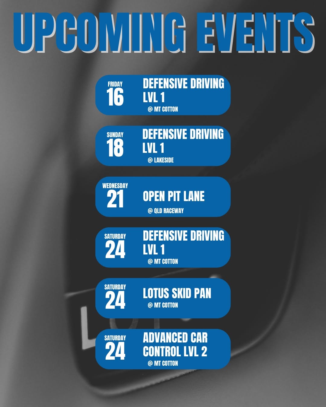 January Driving Events — track day in Brisbane, QLD on Friday 16 January 2026