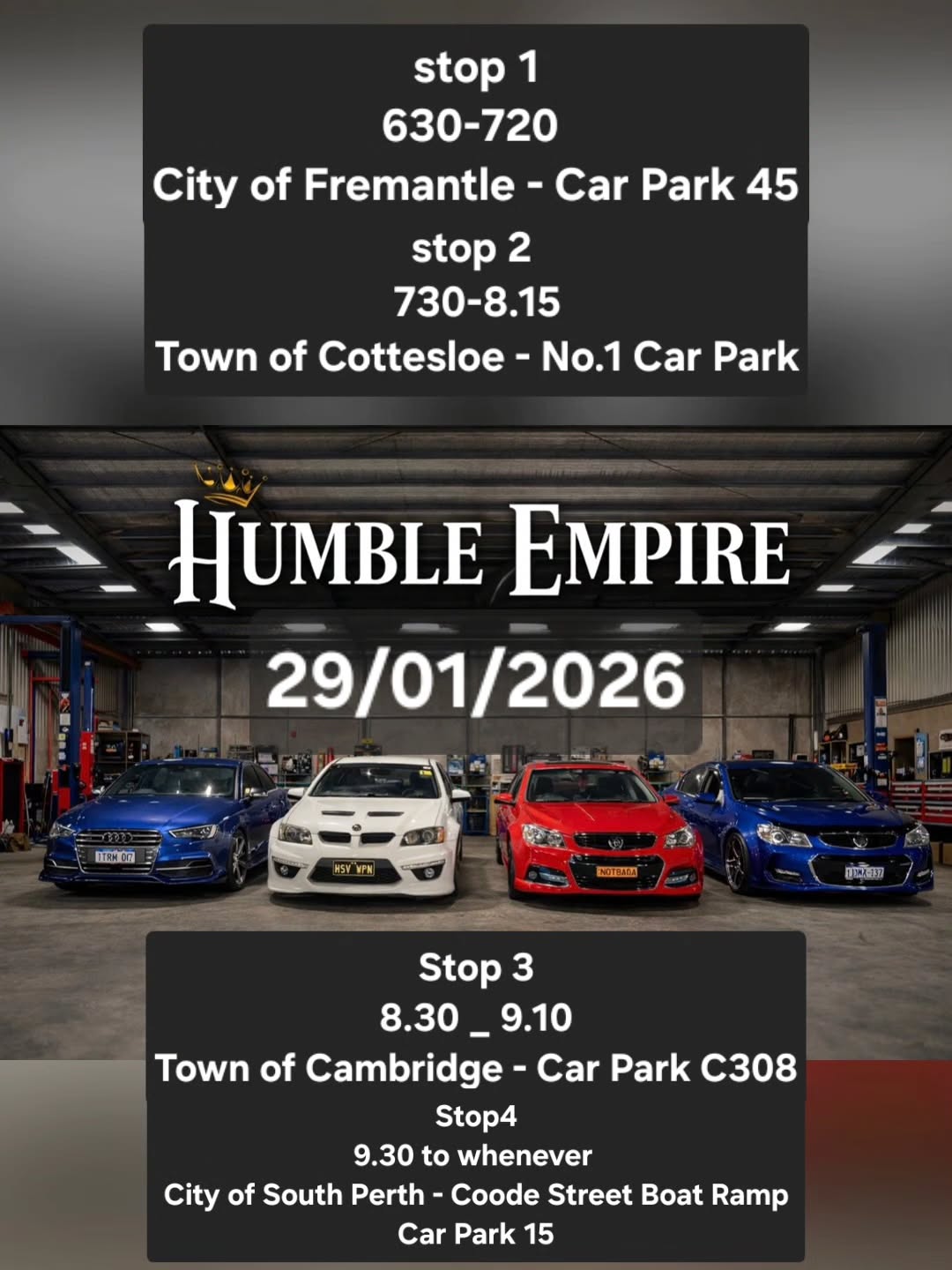 Humble Empire First Meet & Cruise — Euro/Muscle car meet in Perth, WA on Thursday 29 January 2026