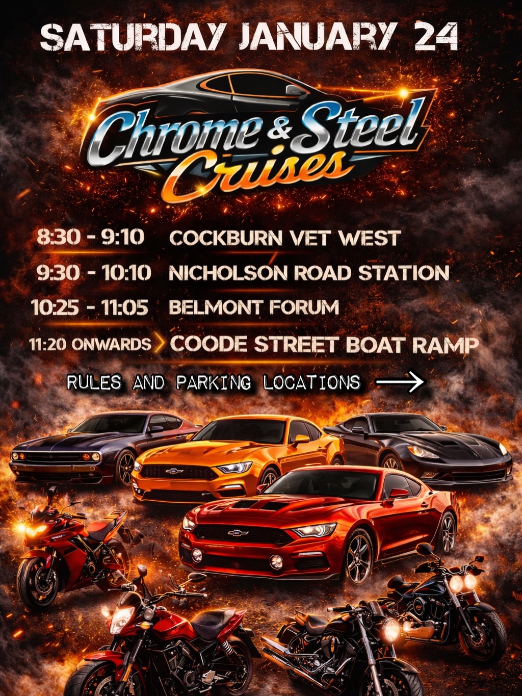 Chrome & Steel Cruises — Muscle car meet in Perth, WA on Saturday 24 January 2026