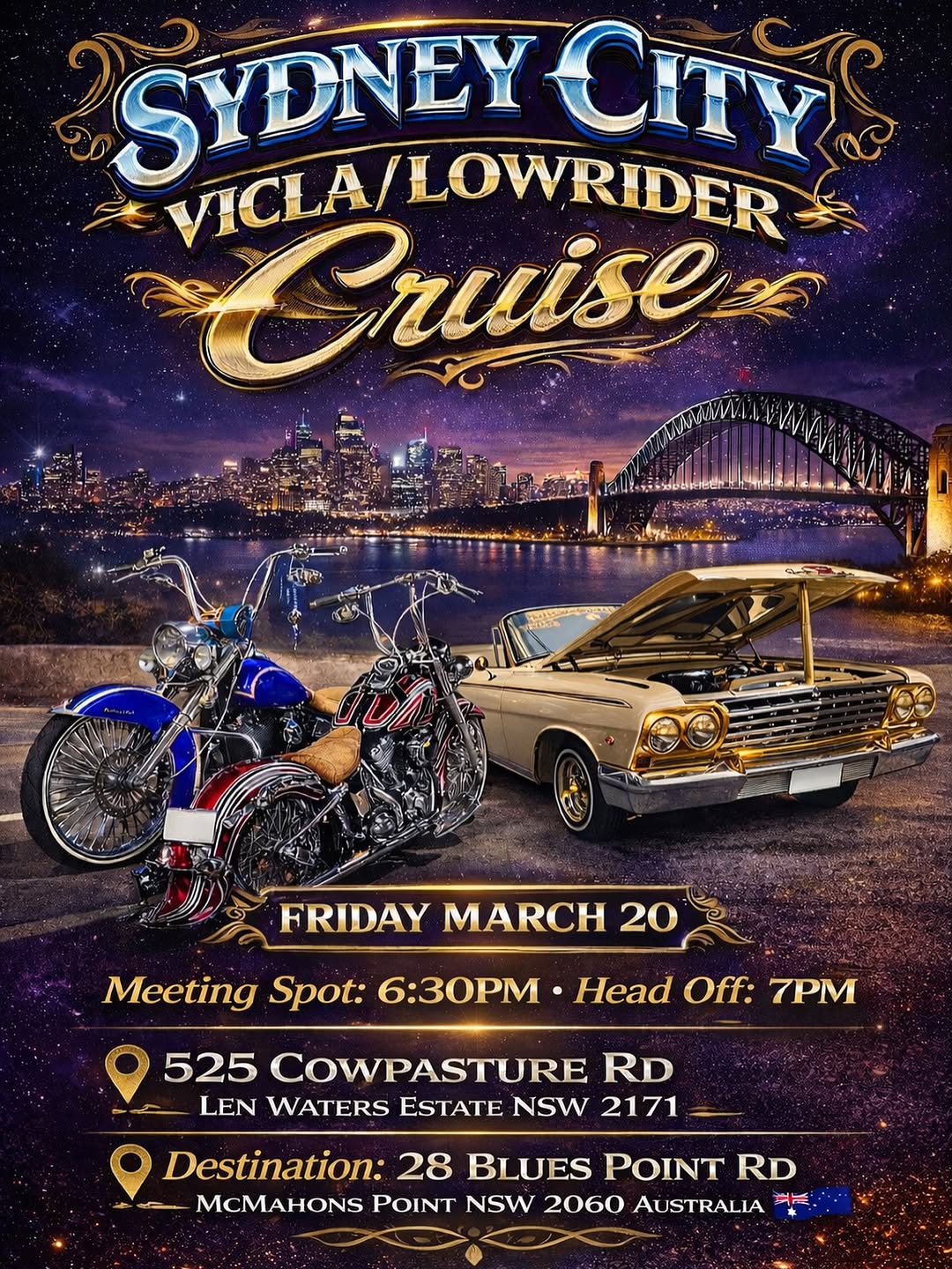 Sydney City Vicla/Lowrider Cruise — car meet in Sydney, NSW on Friday 20 March 2026