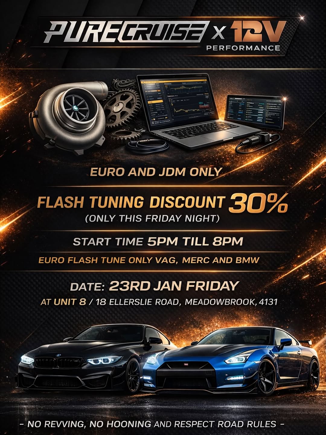 Pure Cruise x 12V Auto Performance Meet — Euro/JDM car meet in Brisbane, QLD on Friday 23 January 2026