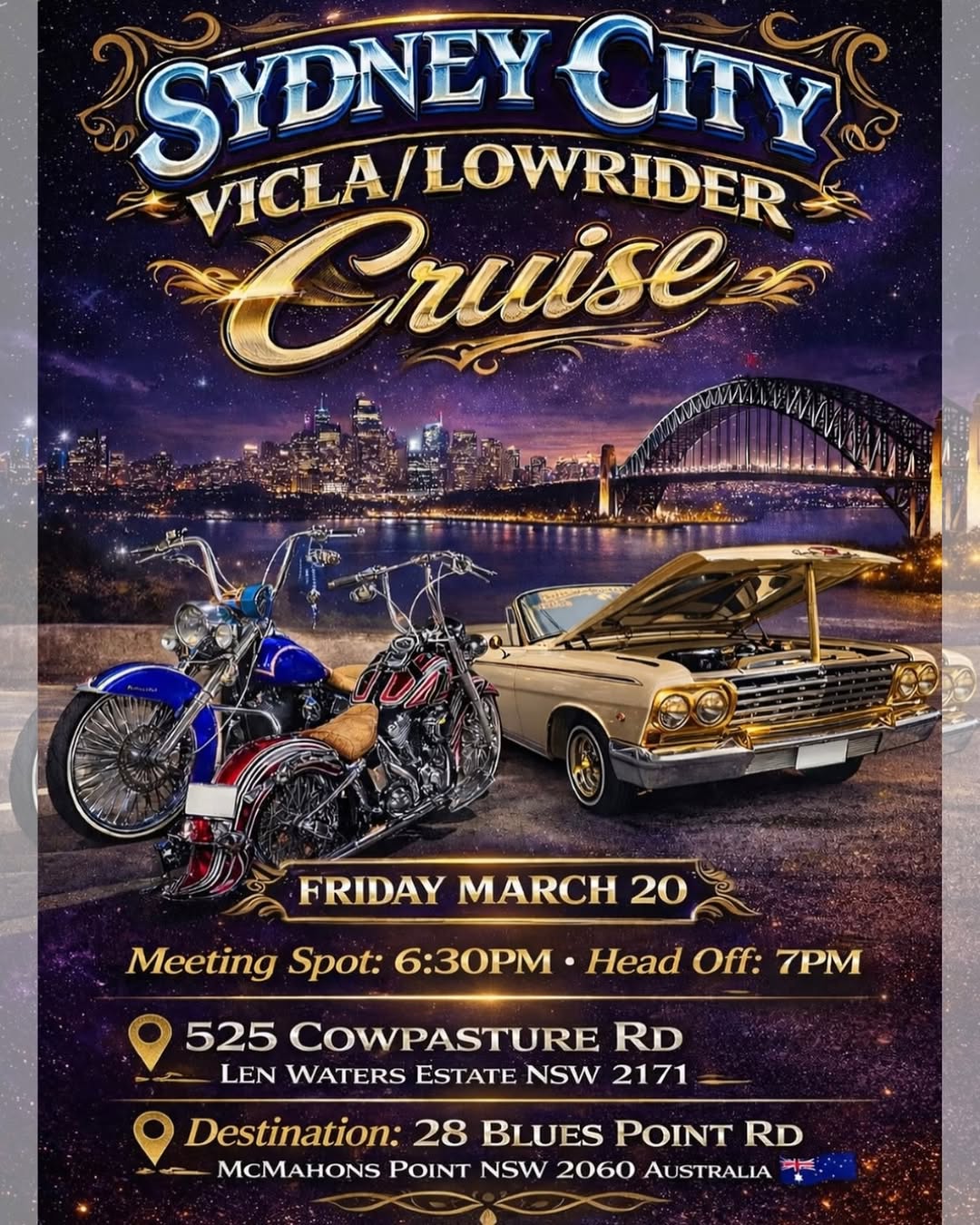 Sydney City Vicla/Lowrider Cruise — Classic/Muscle car meet in Sydney, NSW on Friday 20 March 2026