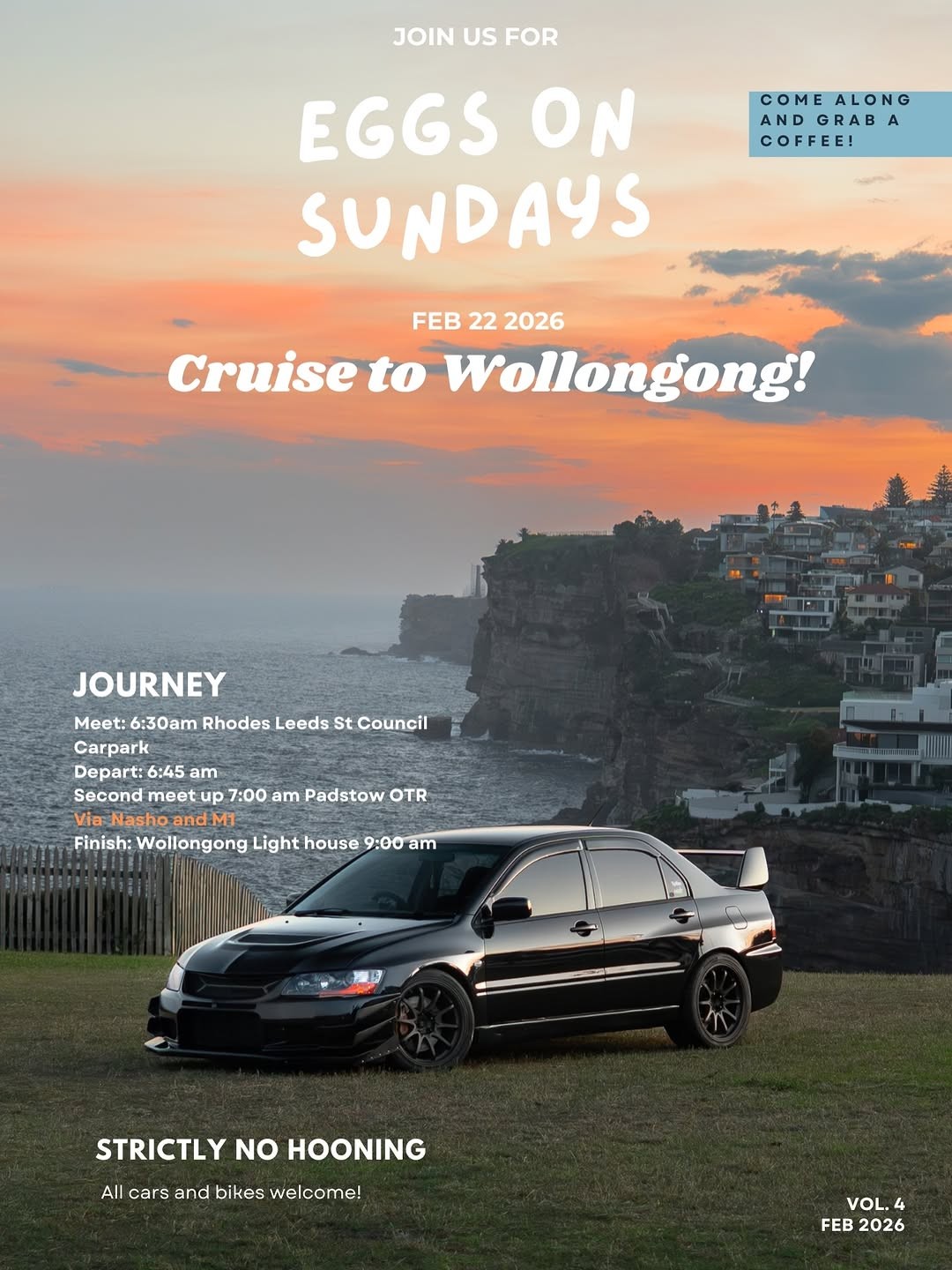 Eggs On Sundays - Cruise to Wollongong! — JDM car meet in Wollongong, NSW on Sunday 22 February 2026