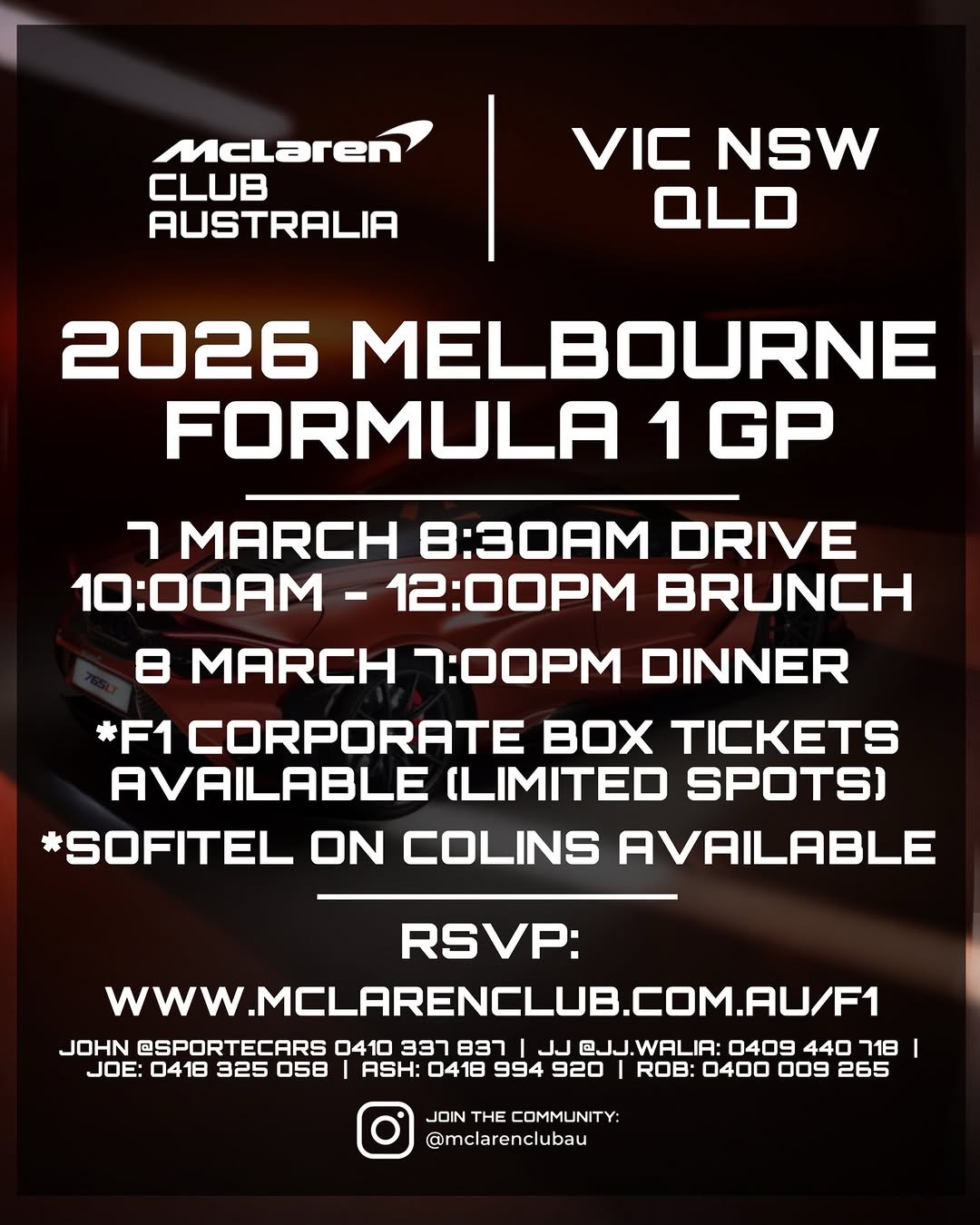 2026 Melbourne Formula 1 GP Weekend — Exotic car meet in Melbourne, VIC on Saturday 7 March 2026