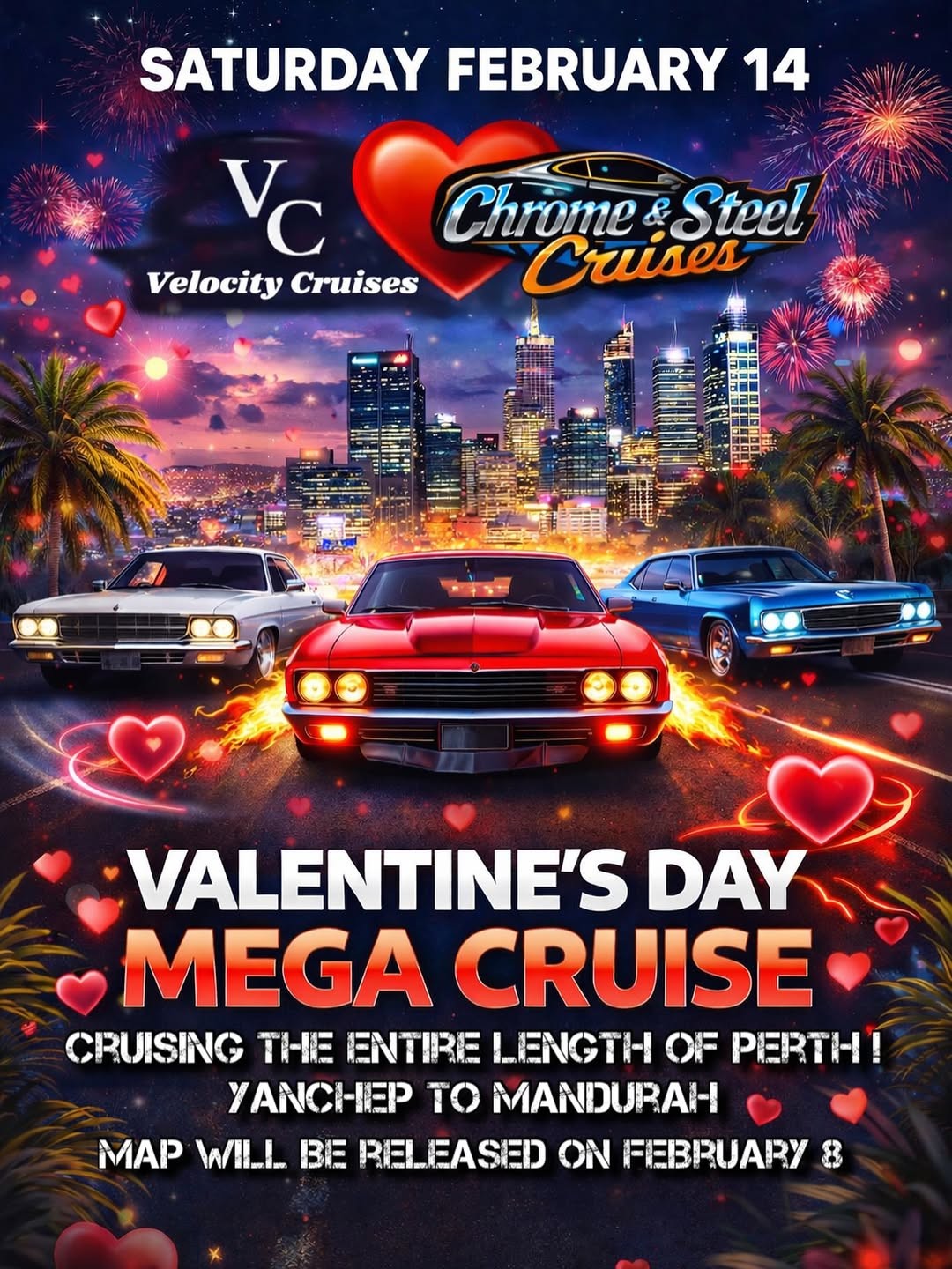Valentine's Day Mega Cruise — Muscle car meet in Perth, WA on Saturday 14 February 2026