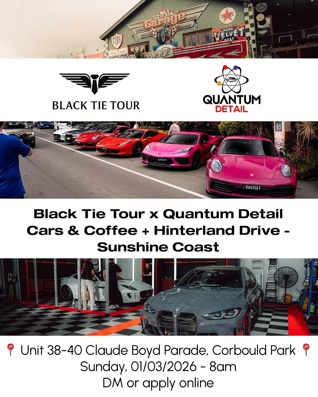 Black Tie Tour x Quantum Detail Cars & Coffee + Hinterland Drive — Euro/Exotic car meet in Brisbane, QLD on Sunday 1 March 2026