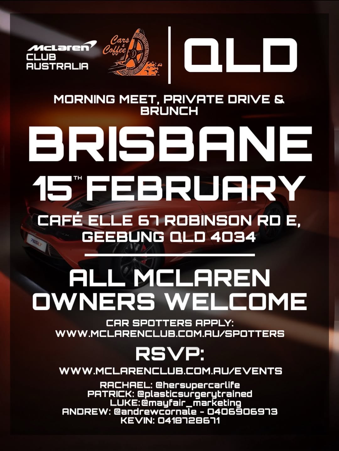 QLD Morning Meet, Private Drive & Brunch — Exotic car meet in Brisbane, QLD on Sunday 15 February 2026
