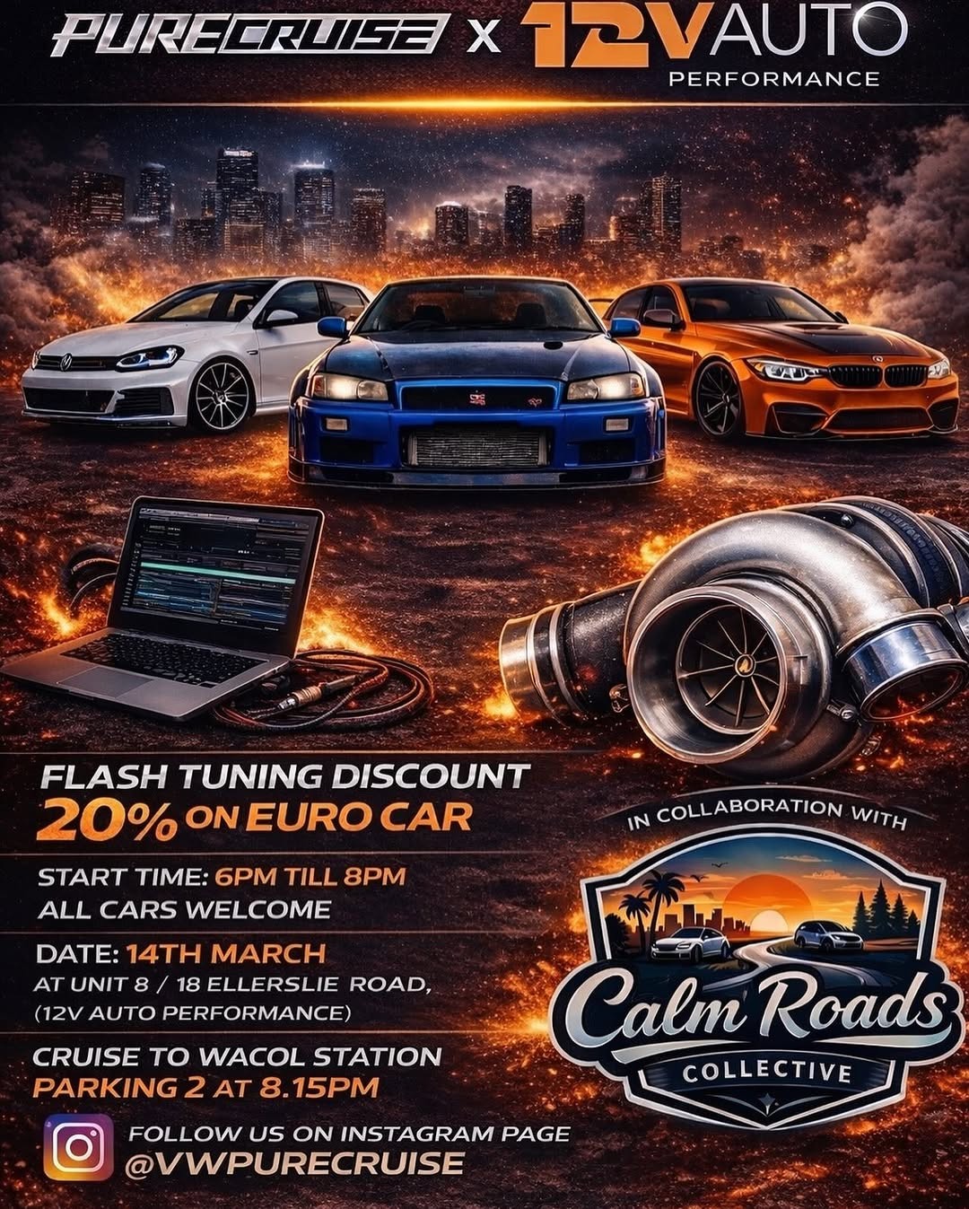 PURECRUISE x 12V AUTO PERFORMANCE Flash Tuning Night — Euro car meet in Brisbane, QLD on Saturday 14 March 2026
