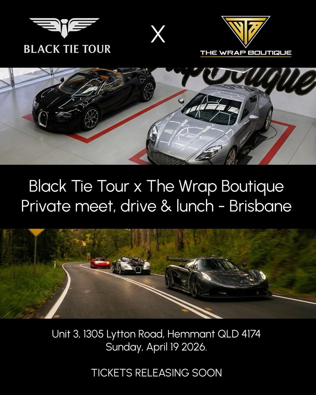 Black Tie Tour x The Wrap Boutique Private meet, drive & lunch — Exotic car meet in Brisbane, QLD on Sunday 19 April 2026