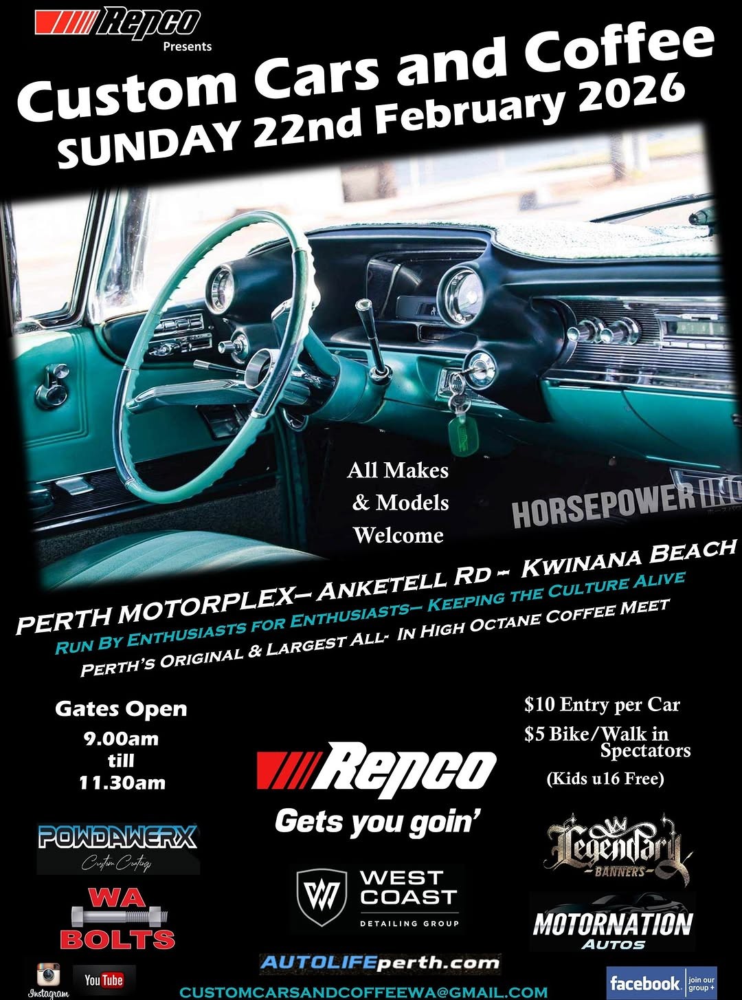 Custom Cars and Coffee — Classic/Muscle car meet in Perth, WA on Sunday 22 February 2026