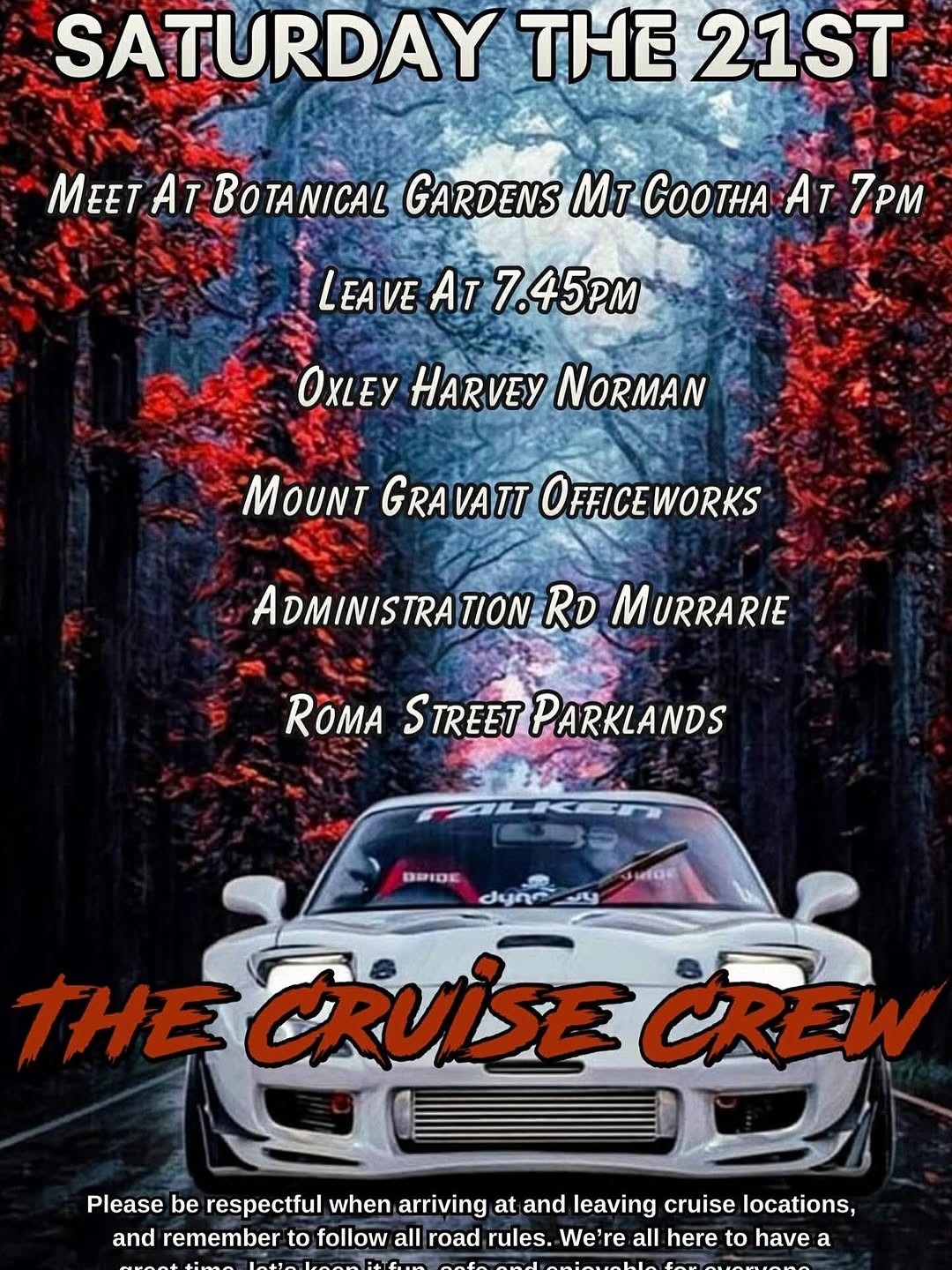 Saturday The 21st Cruise — JDM car meet in Brisbane, QLD on Saturday 21 March 2026