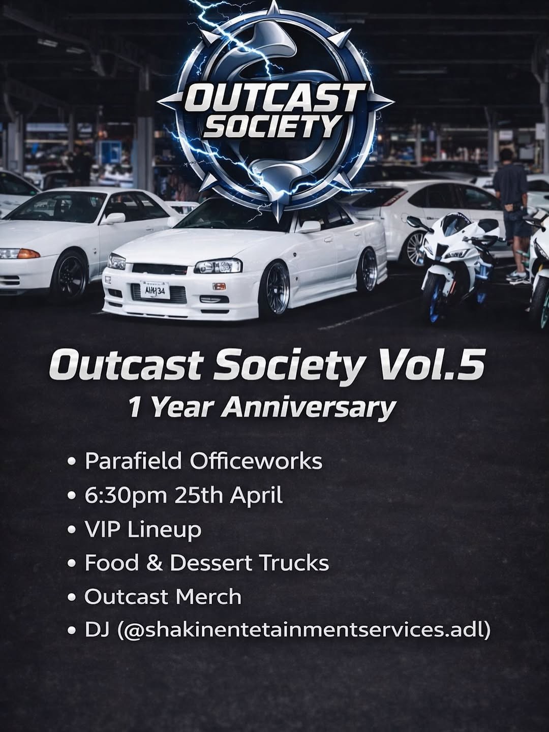 Outcast Society Vol.5 1 Year Anniversary — JDM car meet in Adelaide, SA on Saturday 25 April 2026