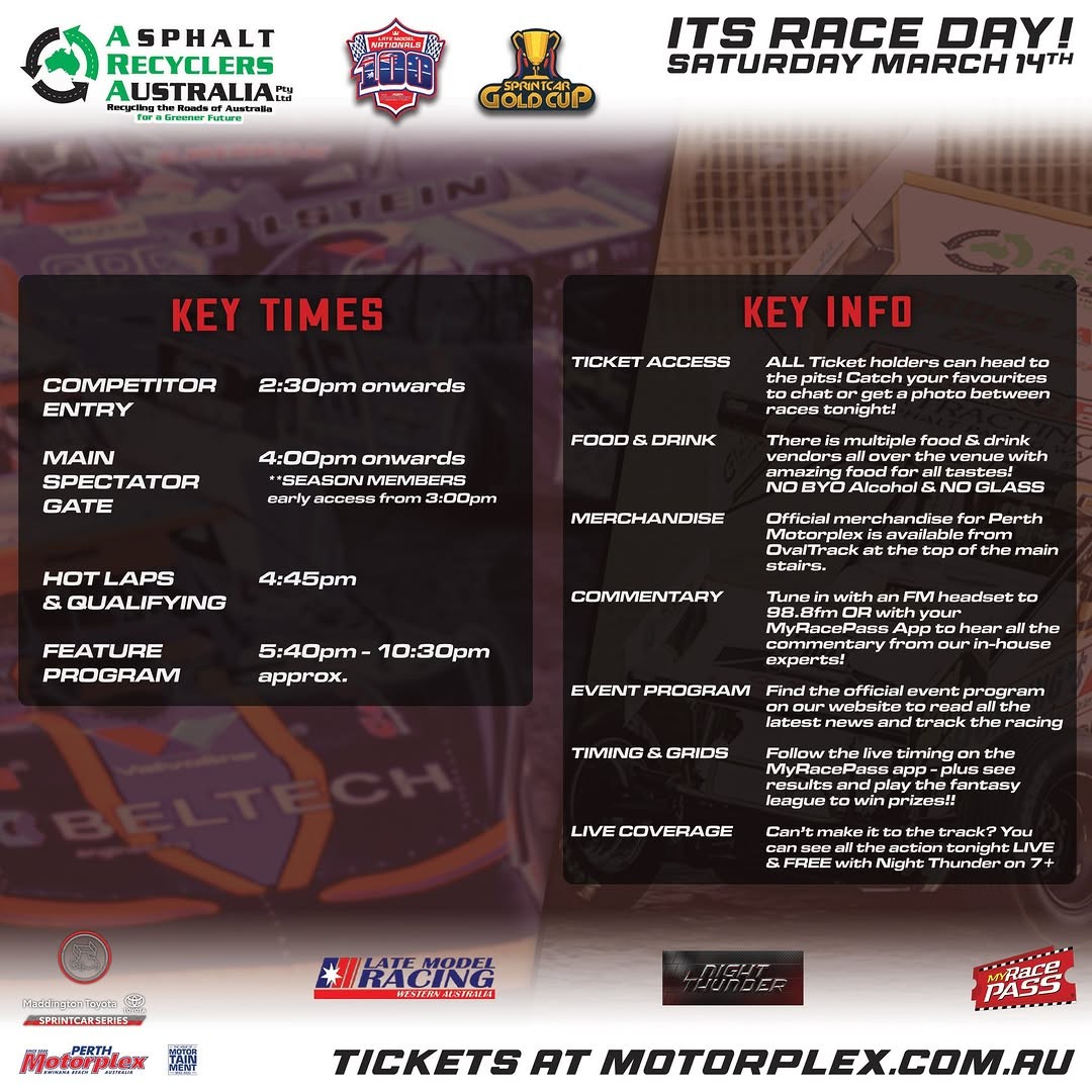 Asphalt Recyclers Australia Sprintcar Gold Cup & Late Model Nationals 100 Lapper — Muscle spectator event in Perth, WA on Saturday 14 March 2026
