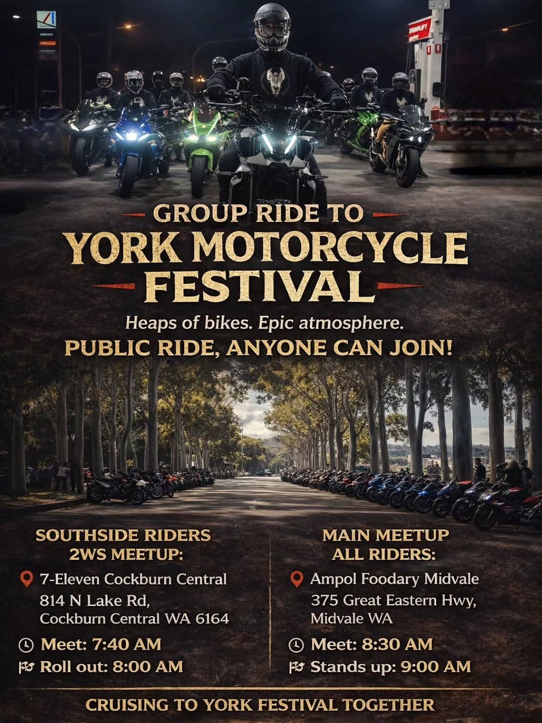 Group Ride to York Motorcycle Festival — car meet in Perth, WA on Sunday 22 March 2026