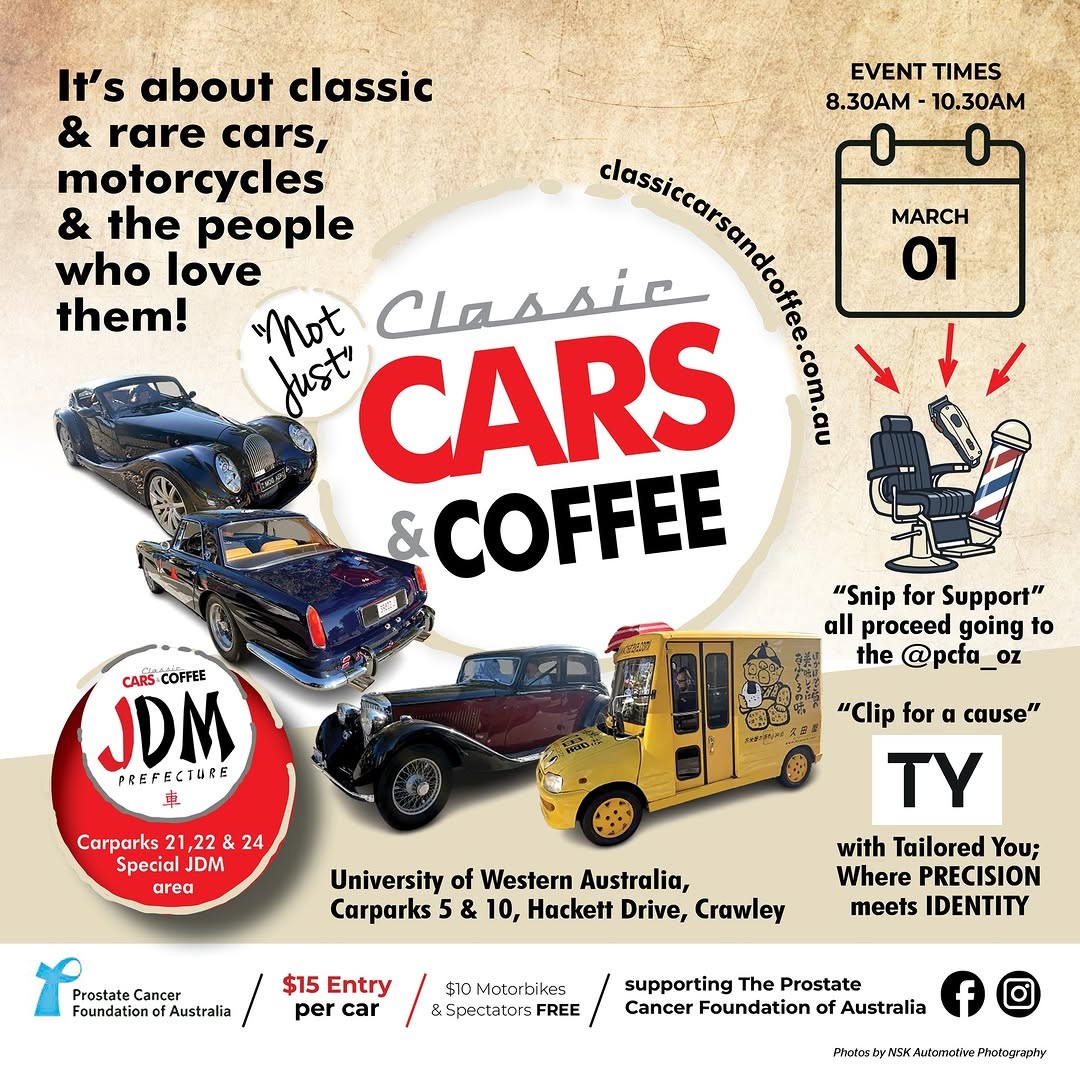 Classic Cars & Coffee — Classic/JDM car meet in Perth, WA on Sunday 1 March 2026