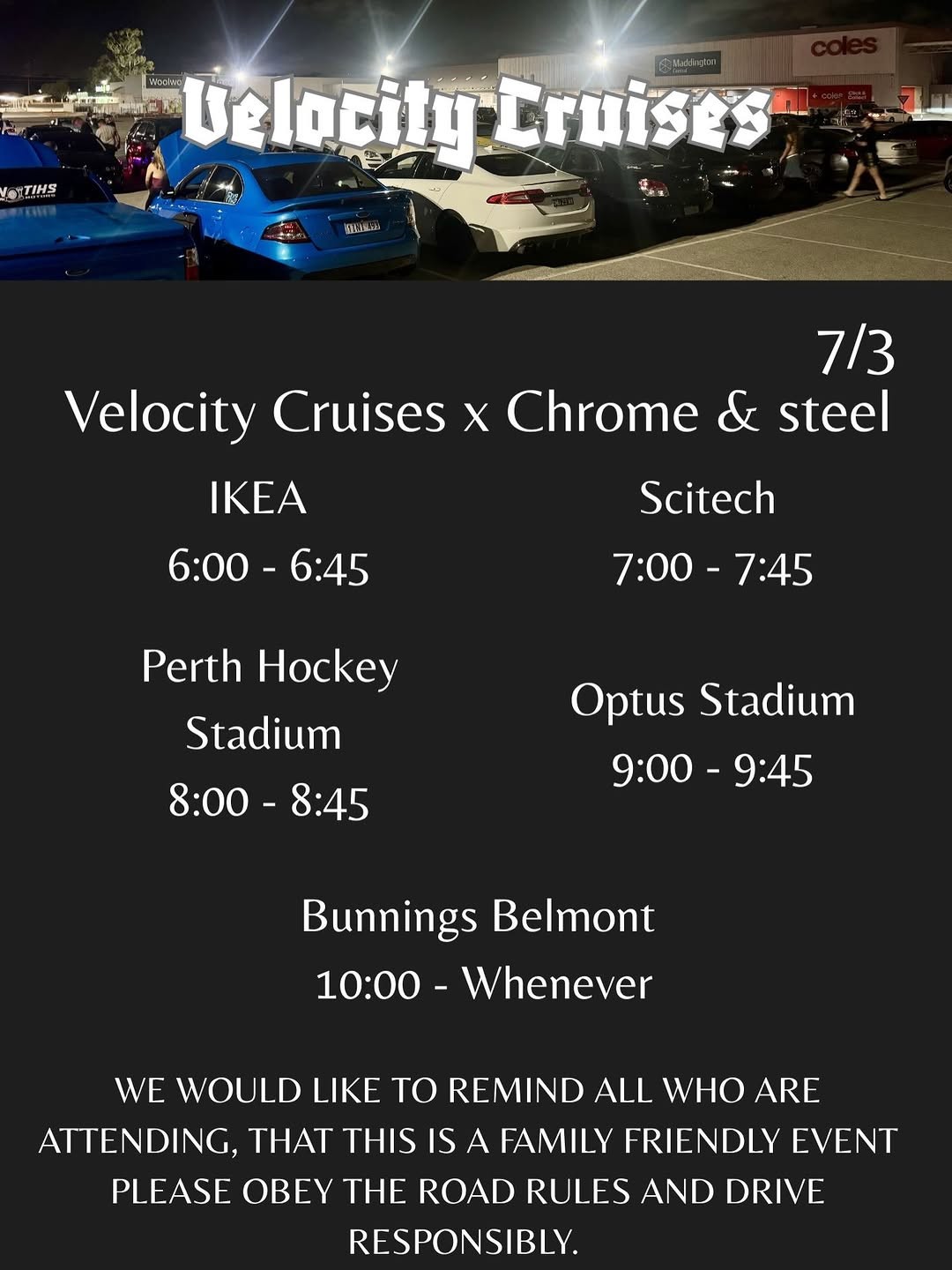 Velocity Cruises x Chrome & steel Cruise — Muscle car meet in Perth, WA on Saturday 7 March 2026