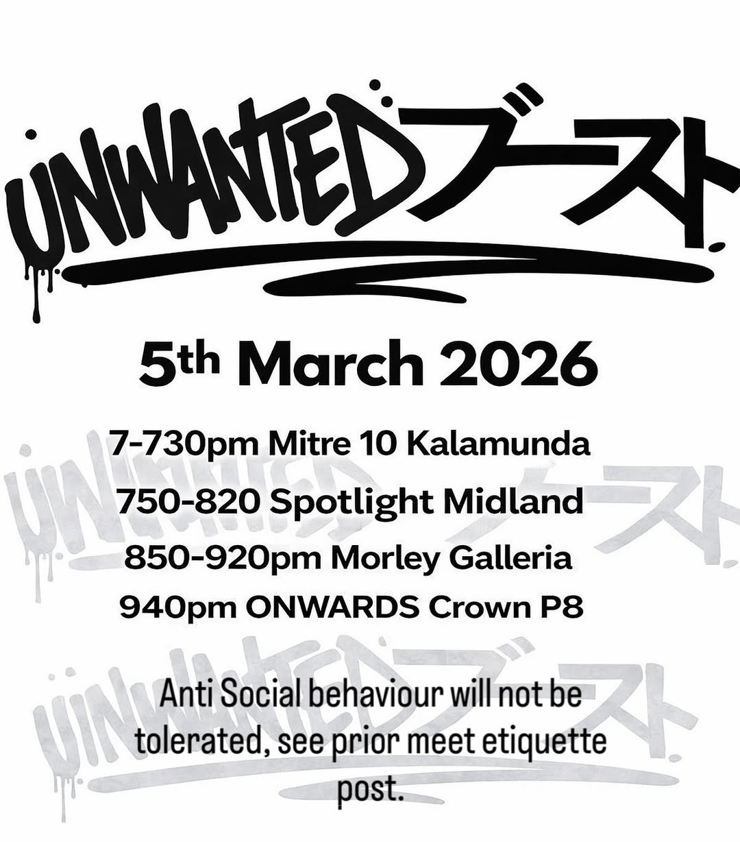 Unwanted Boost Cruise — JDM car meet in Perth, WA on Thursday 5 March 2026