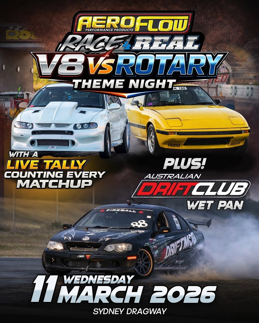 Aeroflow Race 4 Real - V8 vs Rotary Theme Night — Muscle/JDM track day in Sydney, NSW on Wednesday 11 March 2026