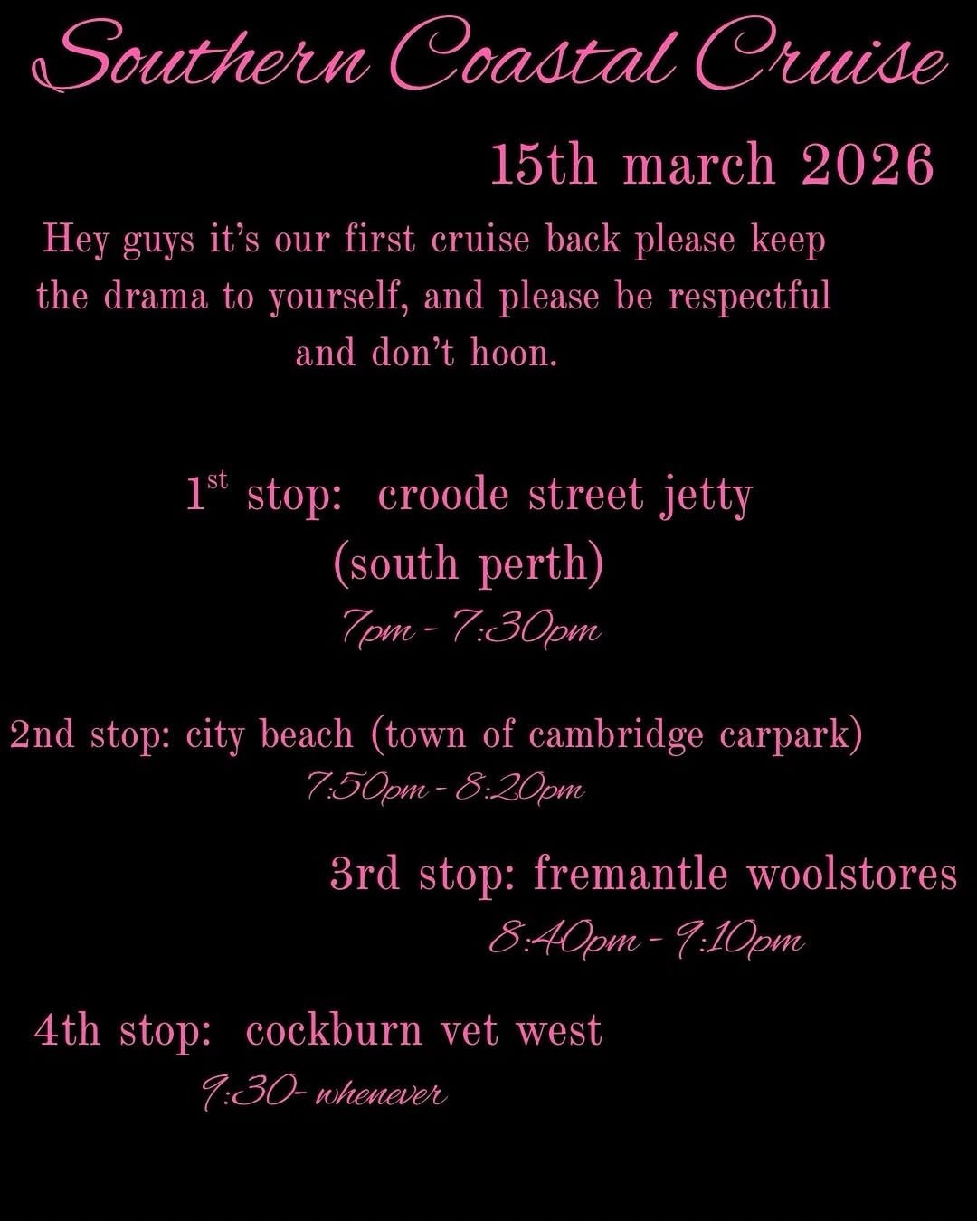 Southern Coastal Cruise — car meet in Perth, WA on Sunday 15 March 2026