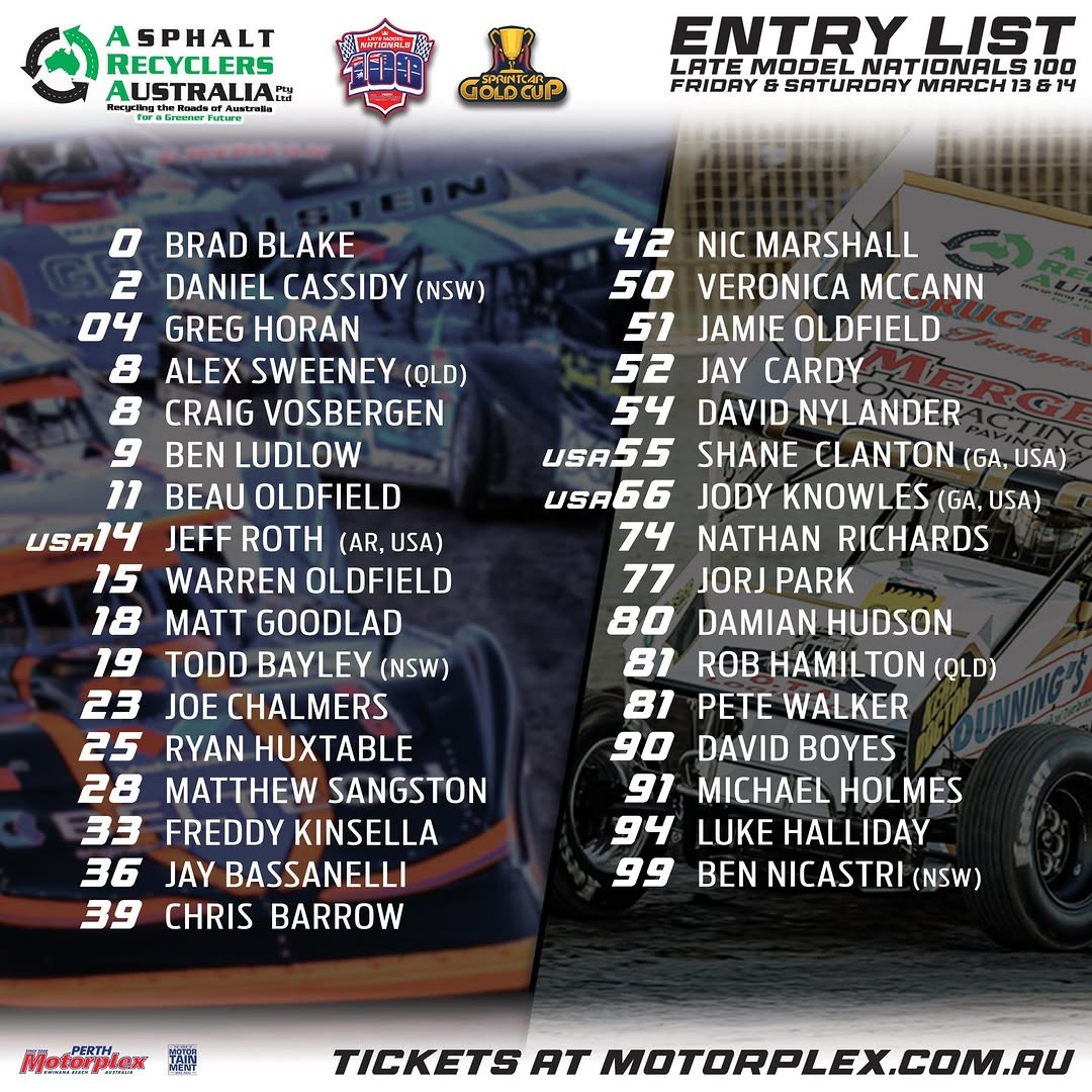Asphalt Recyclers Australia Sprintcar Gold Cup & Late Model Nationals 100 Lapper — Muscle spectator event in Perth, WA on Friday 13 March 2026