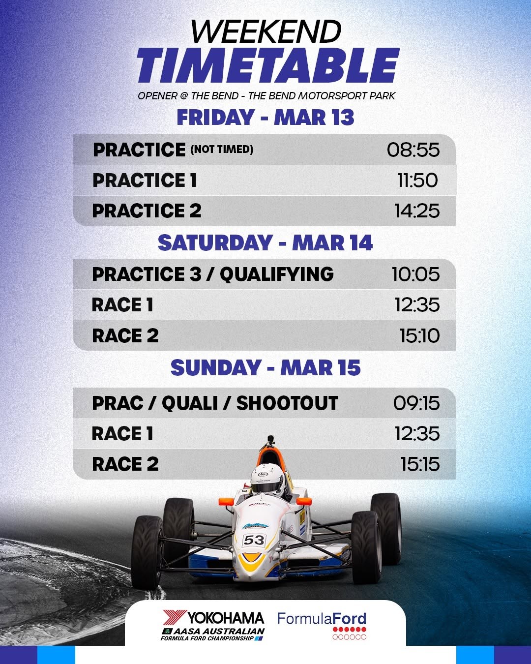 Yokohama Tyre AASA Australian Formula Ford Championship - Weekend Timetable — spectator event in Adelaide, SA on Friday 13 March 2026