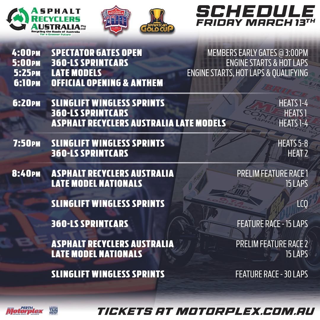 Asphalt Recyclers Australia Sprintcar Gold Cup & Late Model Nationals - Day 1 — Muscle spectator event in Perth, WA on Friday 13 March 2026
