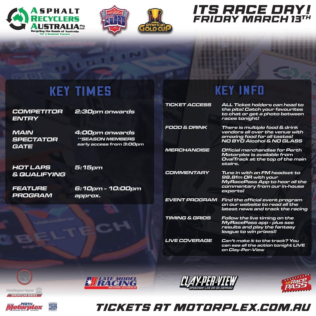 Asphalt Recyclers Australia Sprintcar Gold Cup & Late Model Nationals 100 Lapper - Night 1 — Muscle spectator event in Perth, WA on Friday 13 March 2026