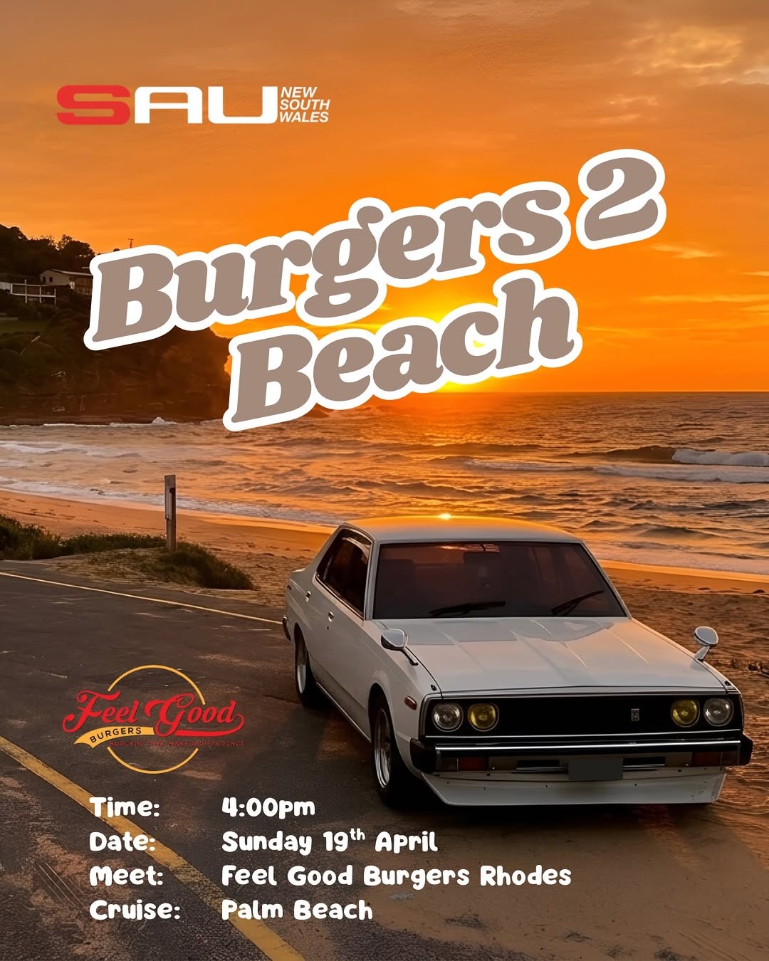 Burgers & Beach — JDM car meet in Sydney, NSW on Sunday 19 April 2026