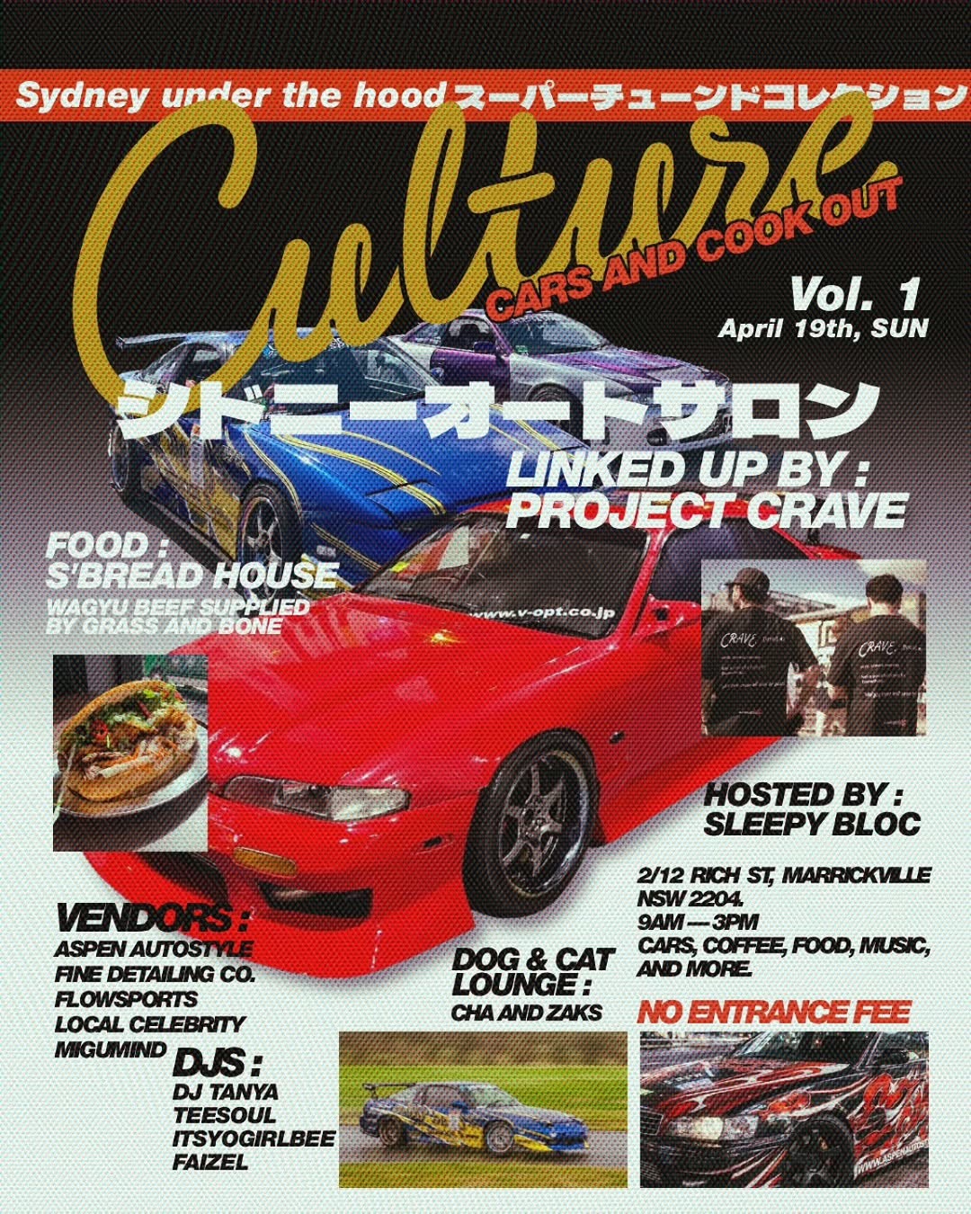 Culture Cars and Cook Out Vol. 1 — JDM/Stance car meet in Sydney, NSW on Sunday 19 April 2026