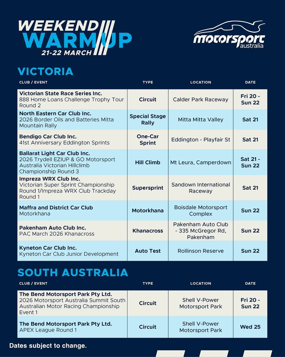 2026 Motorsport Australia South Australian Motor Racing Championship Event 1 — track day in Adelaide, SA on Friday 20 March 2026