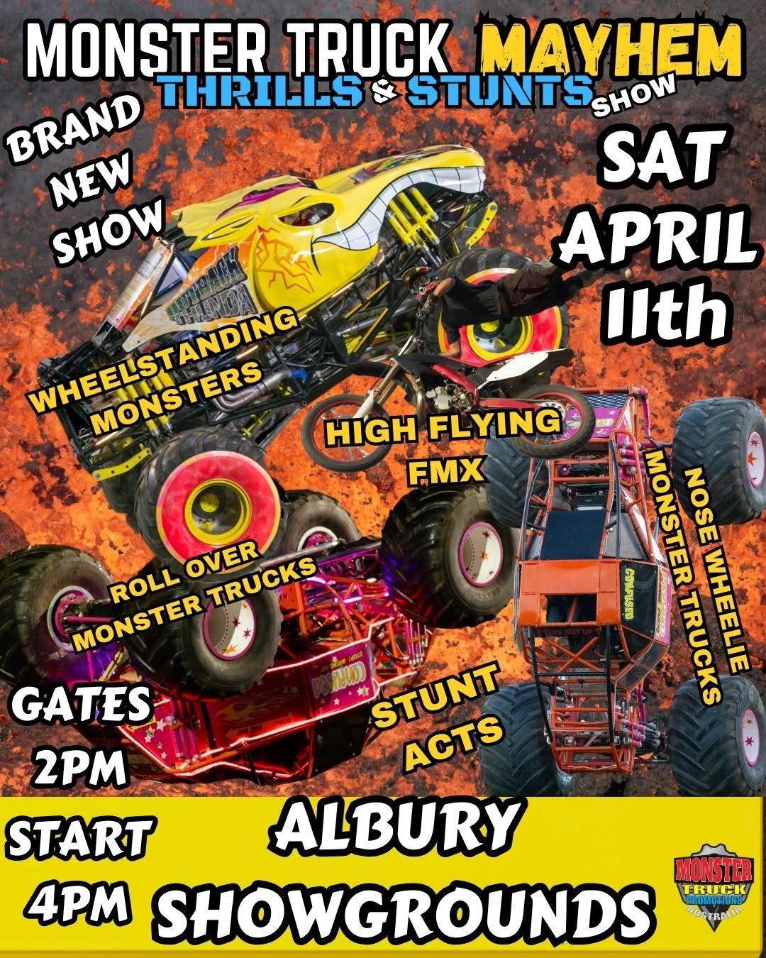 Monster Truck Mayhem Thrills & Stunts Show — spectator event in Albury, NSW on Saturday 11 April 2026