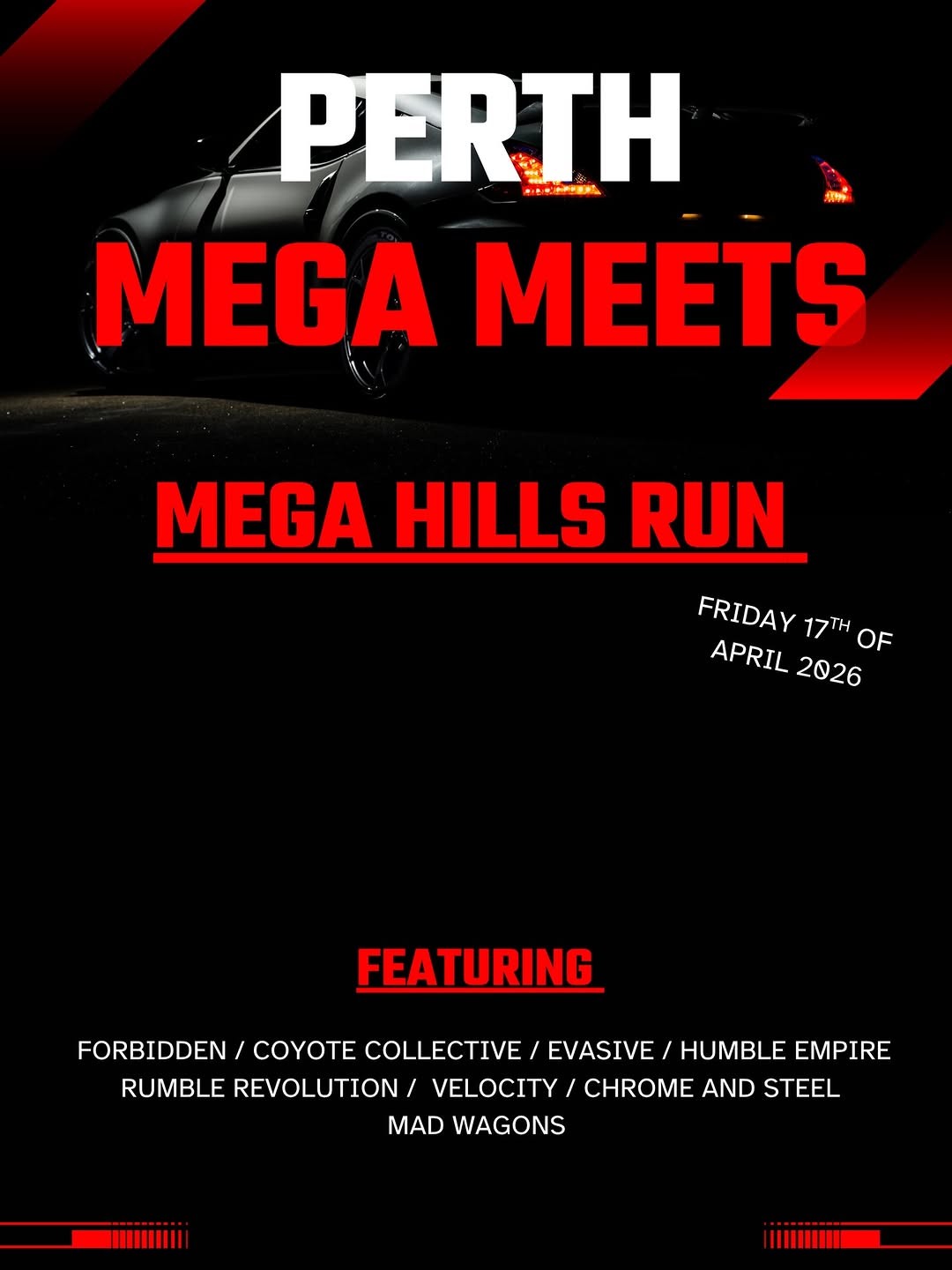 Mega Hills Run — JDM car meet in Perth, WA on Friday 17 April 2026