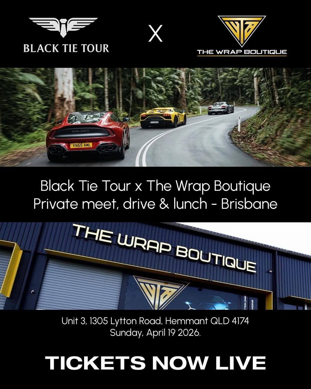 Black Tie Tour x The Wrap Boutique — Exotic car meet in Brisbane, QLD on Sunday 19 April 2026