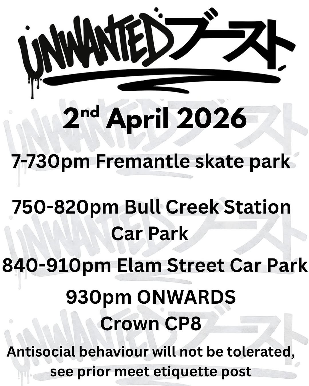 Unwanted Boost Cruise — JDM car meet in Perth, WA on Thursday 2 April 2026
