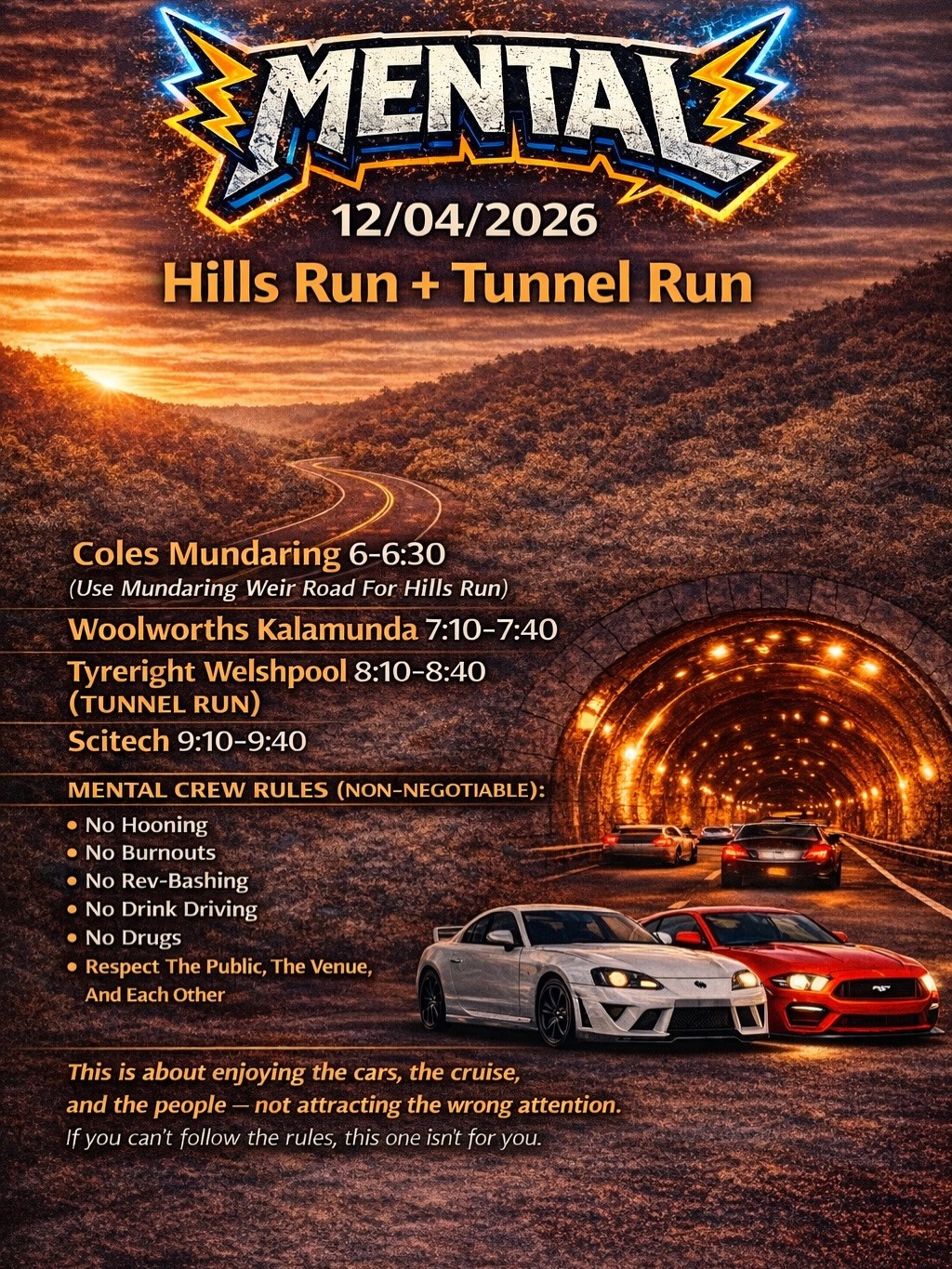 Hills Run + Tunnel Run — car meet in Perth, WA on Sunday 12 April 2026